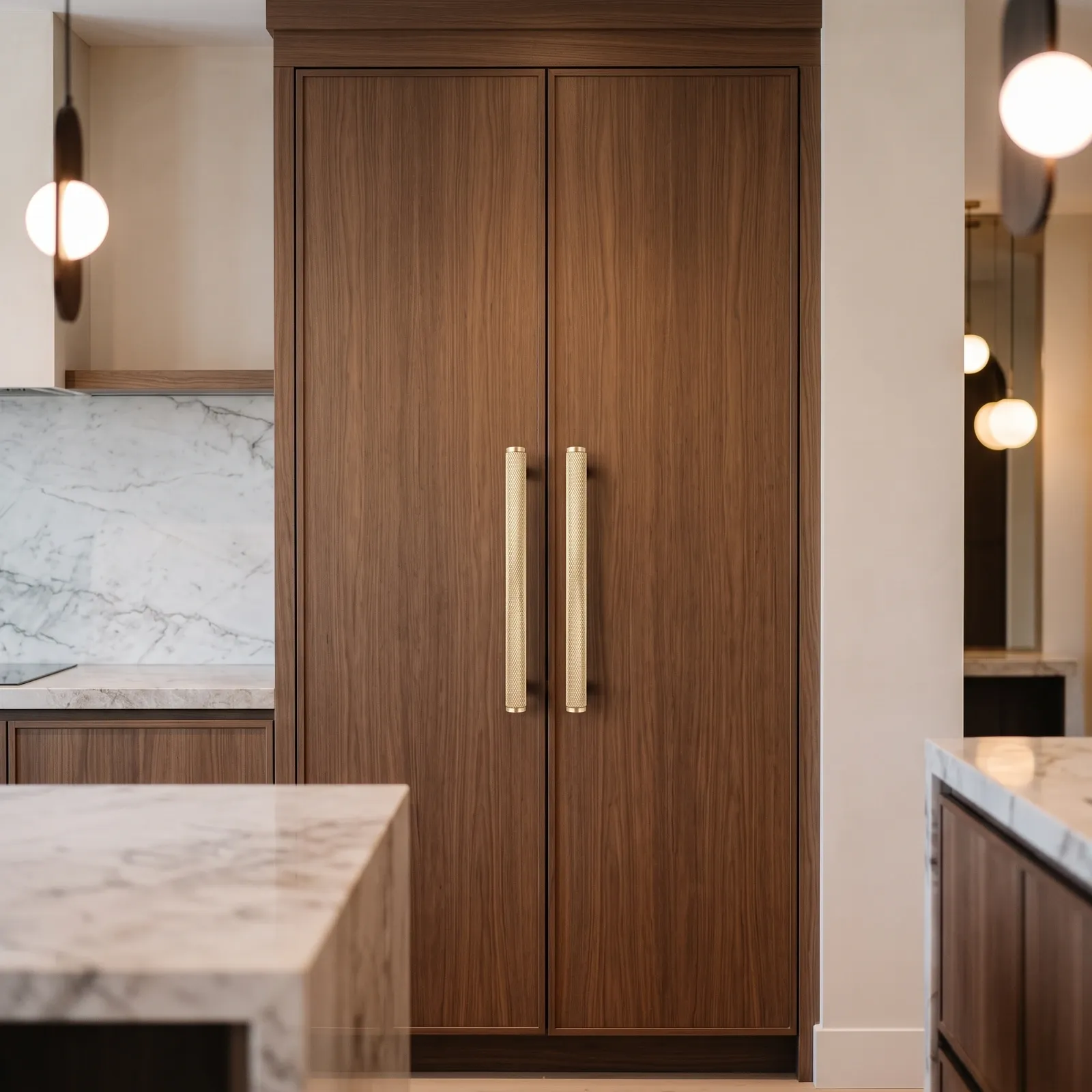 Brushed brass gold diamond-knurled T-bar cabinet pulls mounted on walnut double-door cabinet fronts in a kitchen.