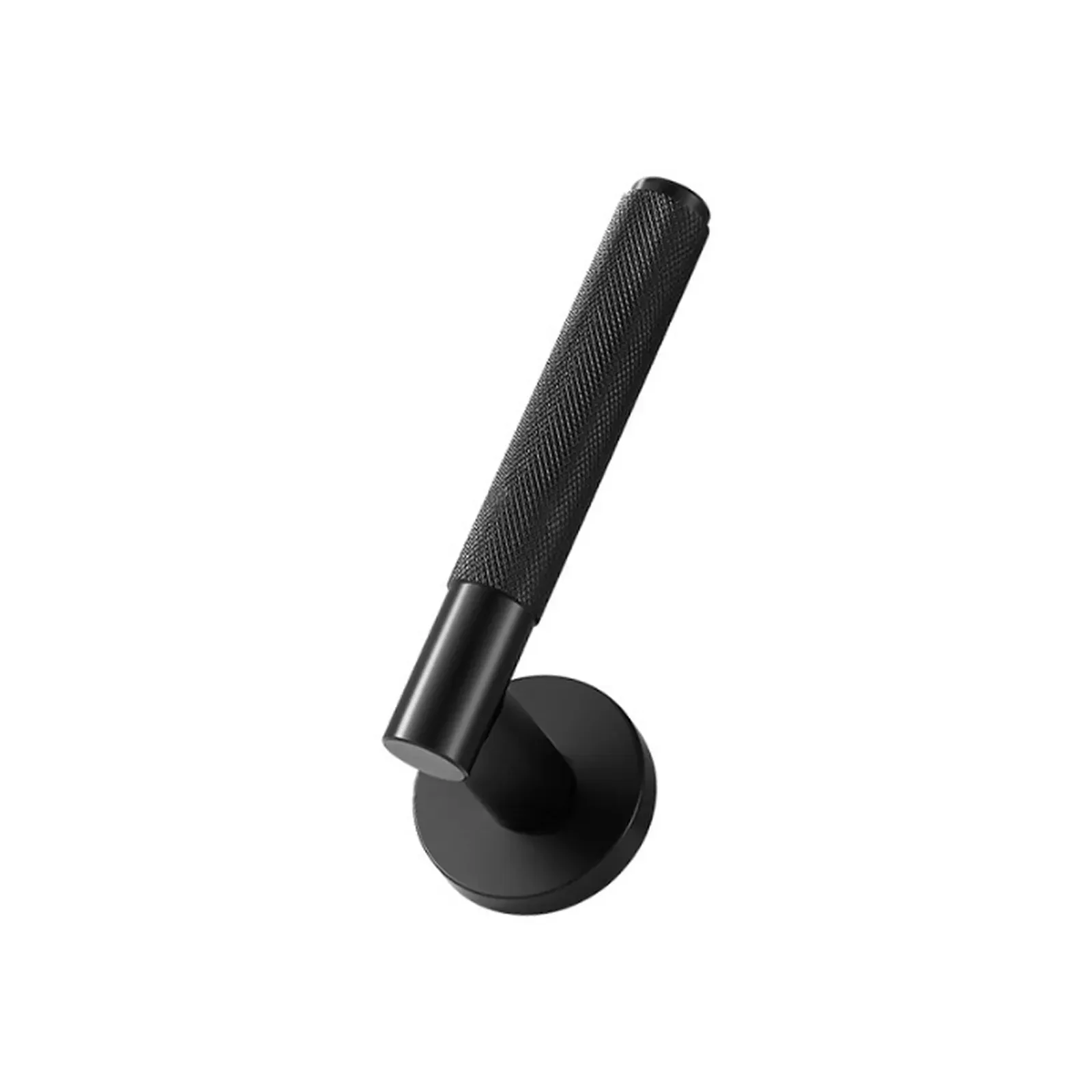 Vertical view of the matte black knurled lever door handle showing the full crosshatch grip band