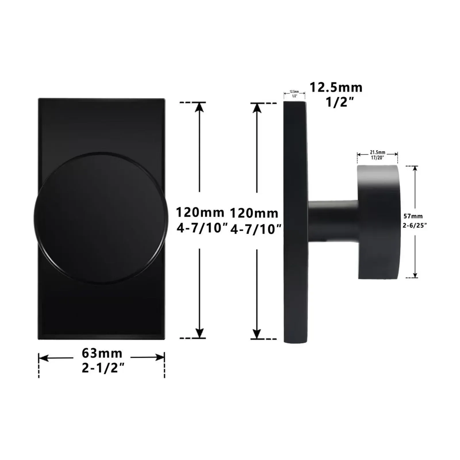 Matte black door knob dimension diagram: rose plate 63 mm wide, 120 mm high, 12.5 mm thick; knob 57 mm diameter