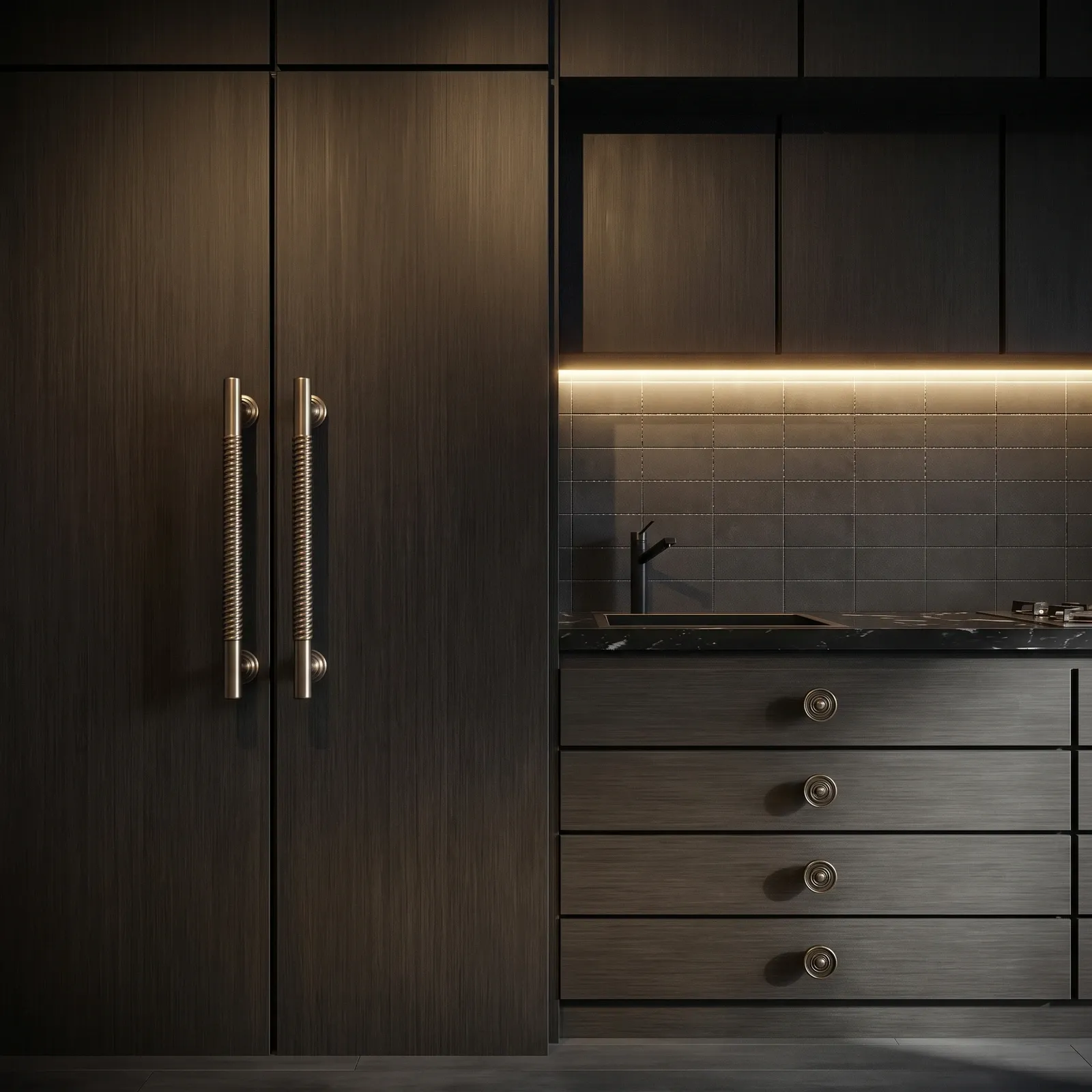 Spiral-textured pulls and circular knobs installed across dark kitchen cabinets and drawers.
