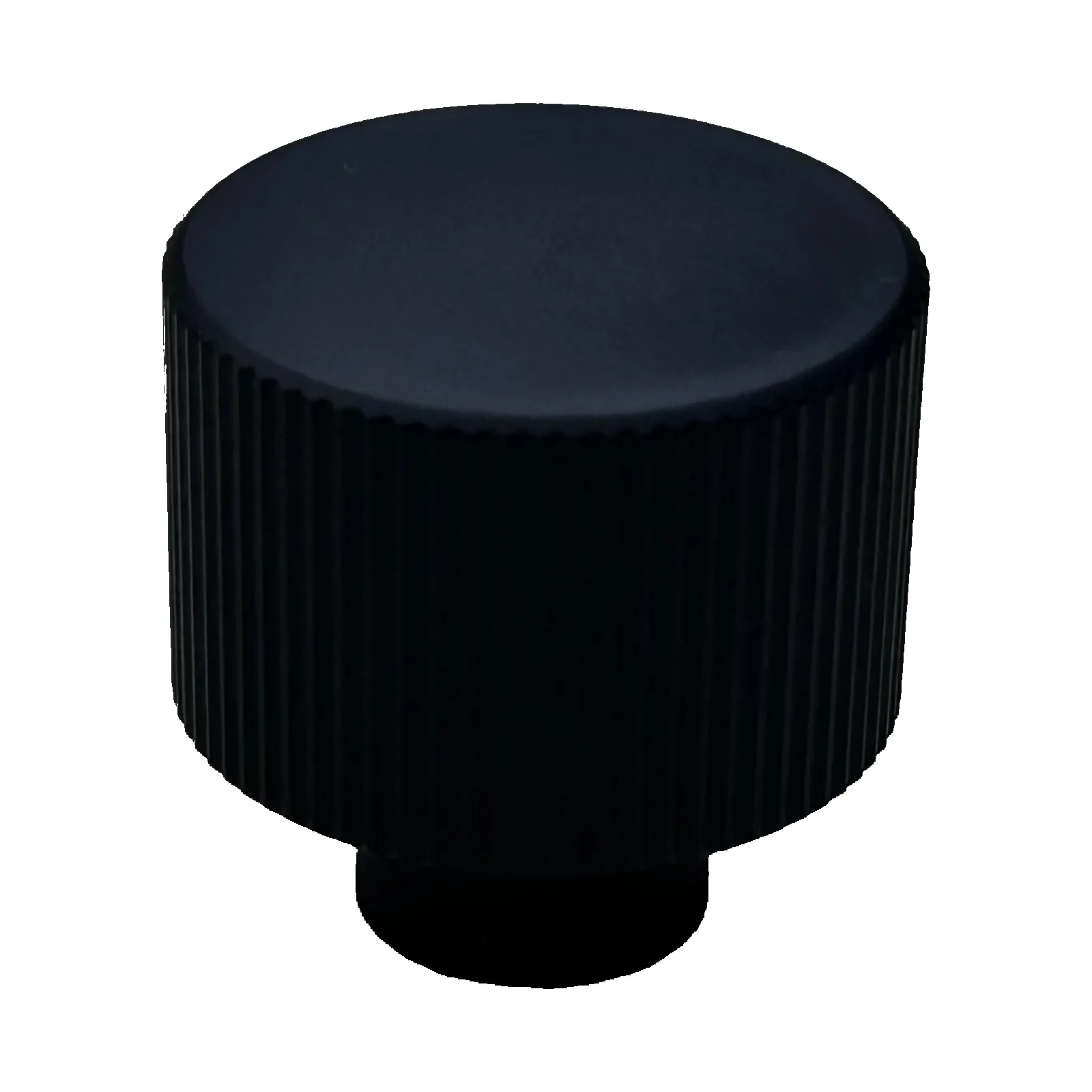 Close view of a single textured round aluminum cabinet knob in Matt Black on a white background