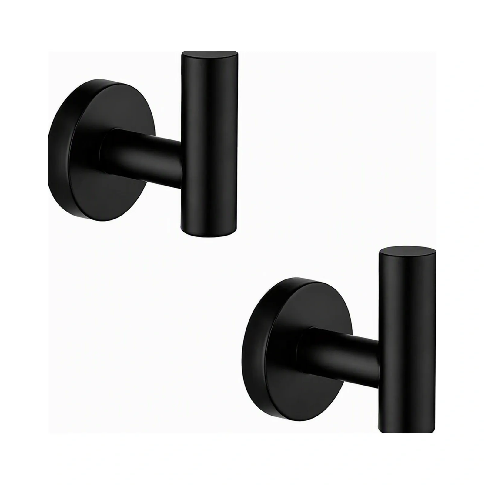 Angled view of two black wall-mounted robe hooks with round base plates