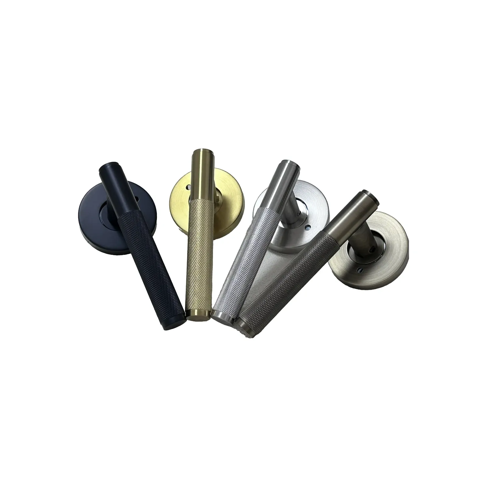Four knurled stainless steel levers in matt black and brush gold finishes.