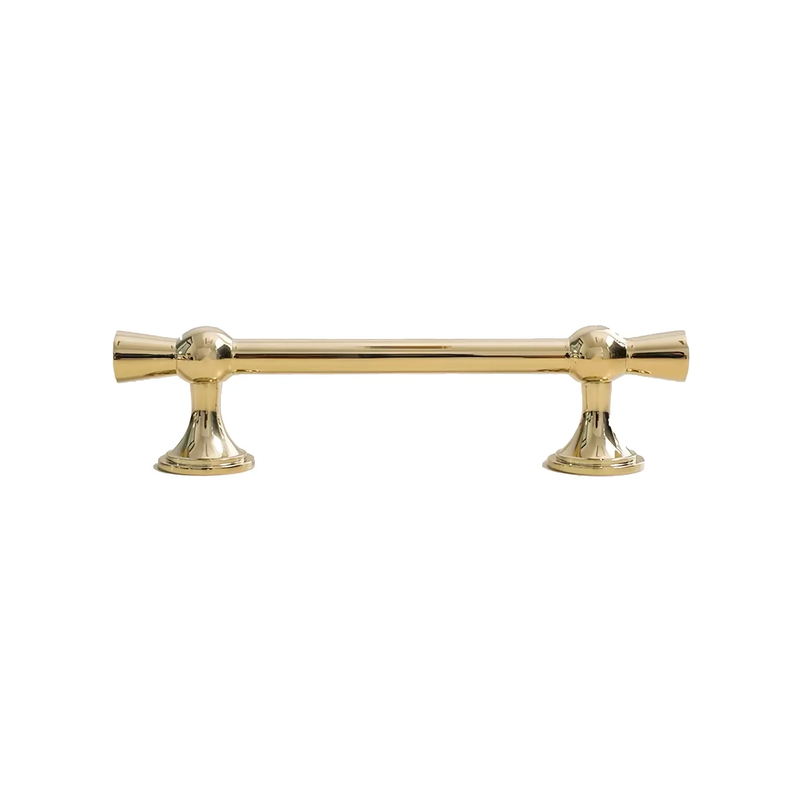 Gold funnel-end bar pull with polished ball collars standing on vase-shaped feet.