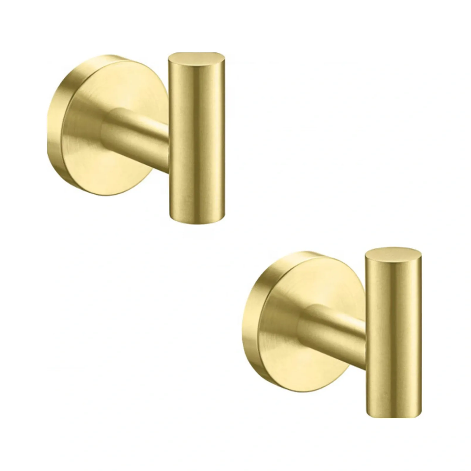 Angled view of two gold wall-mounted robe hooks with round base plates