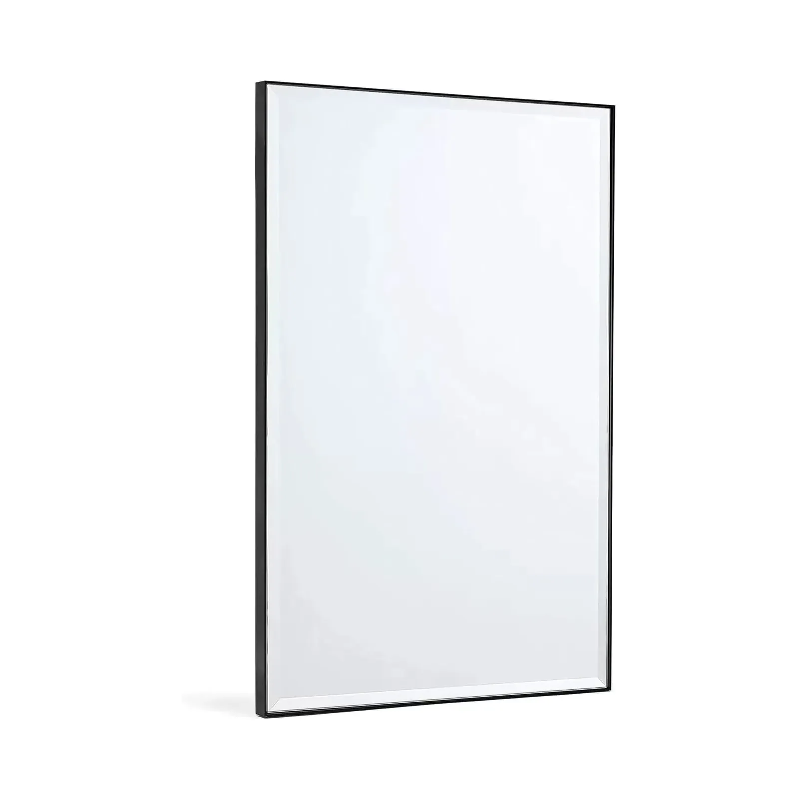 Front view of a rectangular bathroom mirror with a black stainless steel frame