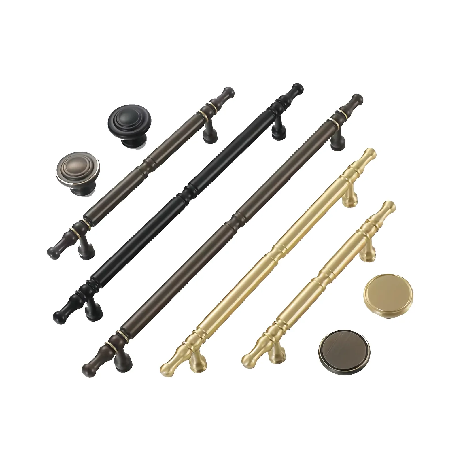 A row of traditional-style bar pulls and matching knobs in black, bronze, silver and gold finishes.