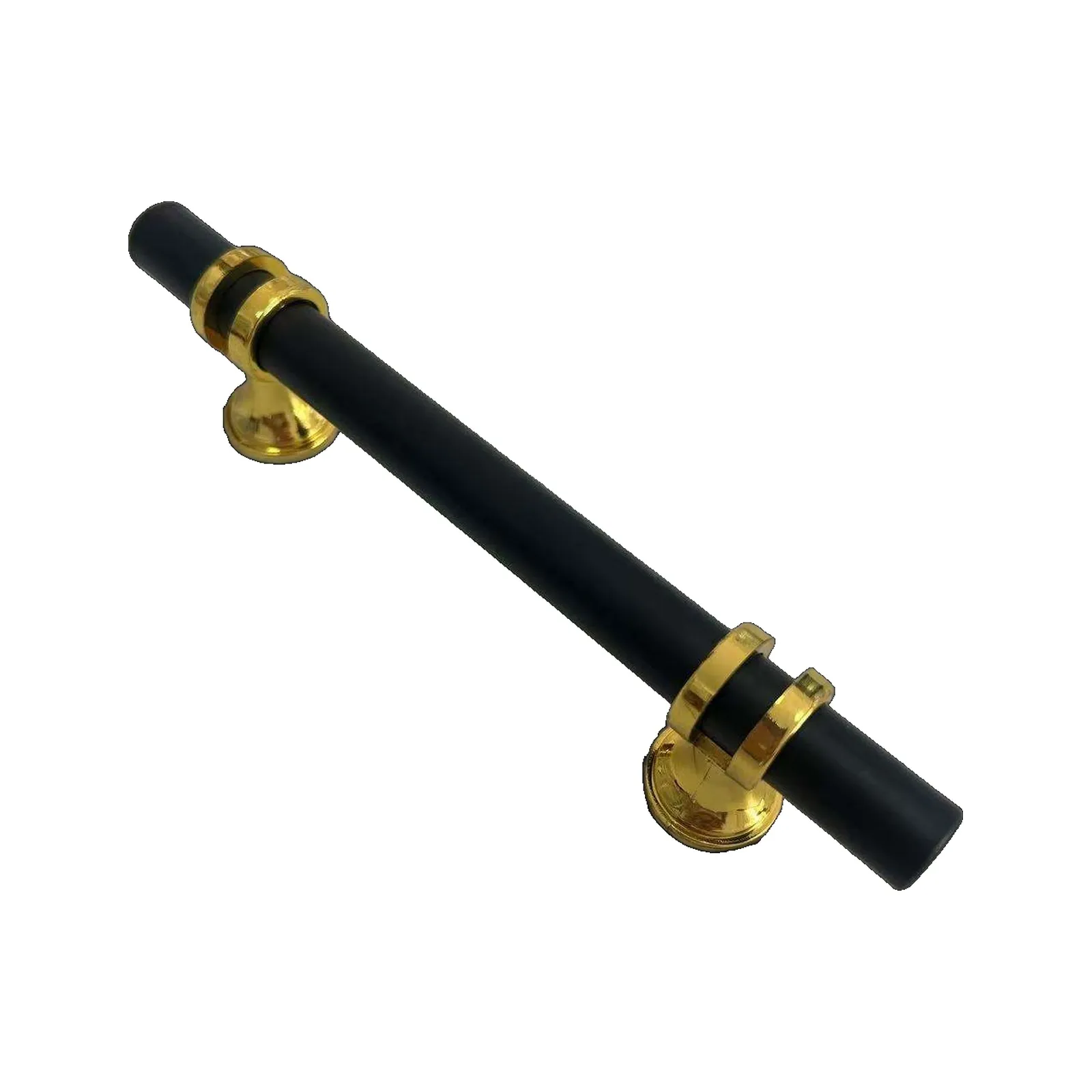 Angled view of a two-tone bar pull showing the black cylinder and double gold collar rings, on a white background