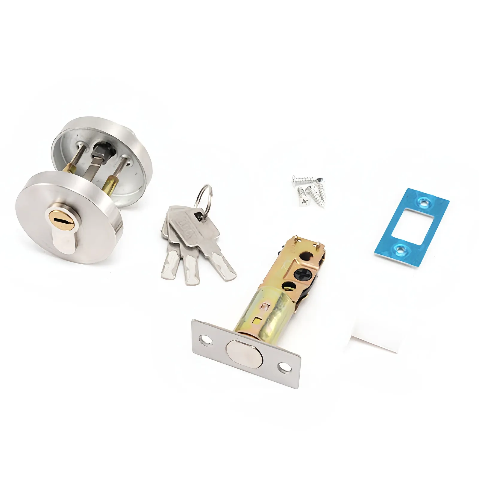 Satin nickel round door lock set with supplied keys, latch bolt, strike plate, and fixing screws on a white background.