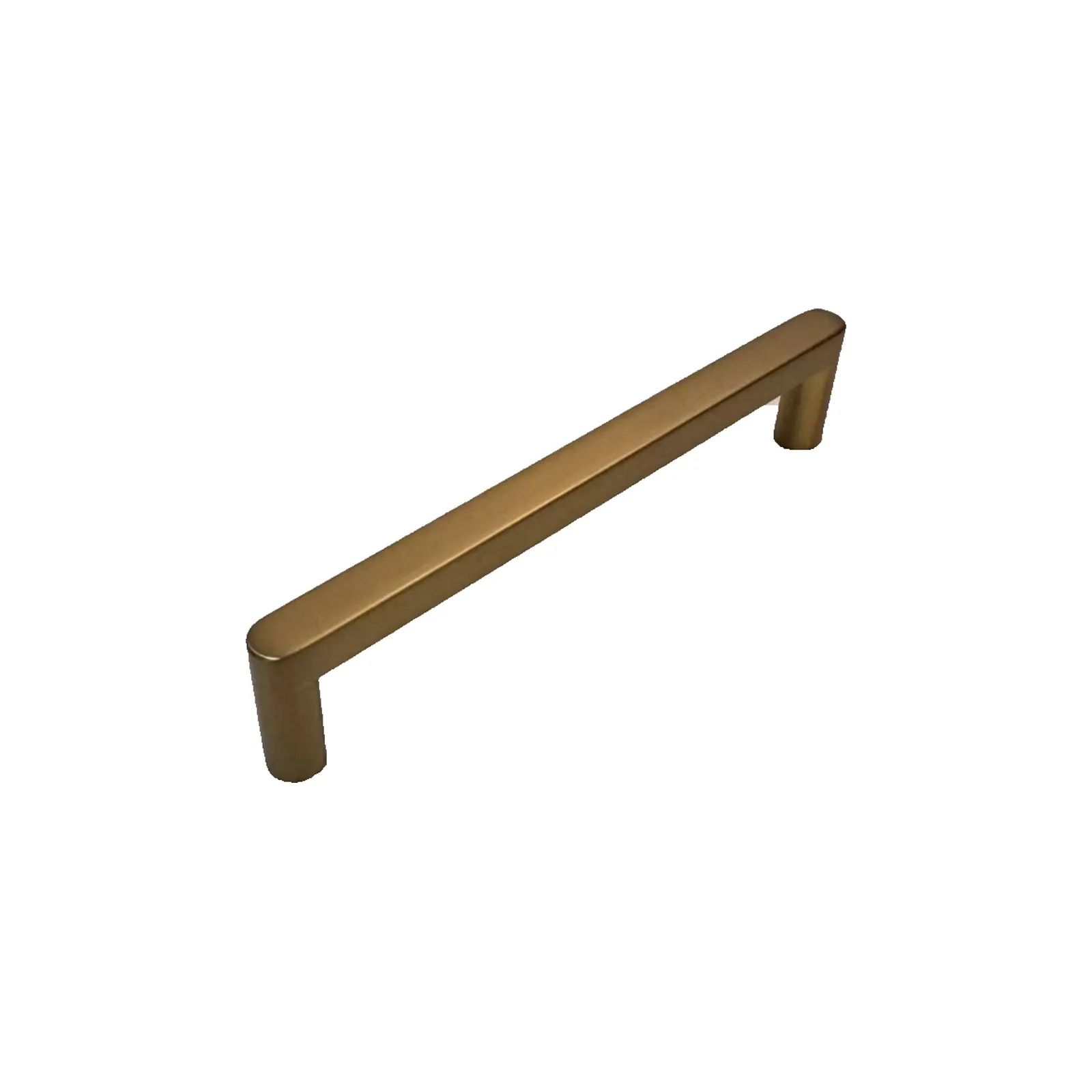 Angled view of a single tea gold square bar cabinet pull on a white background