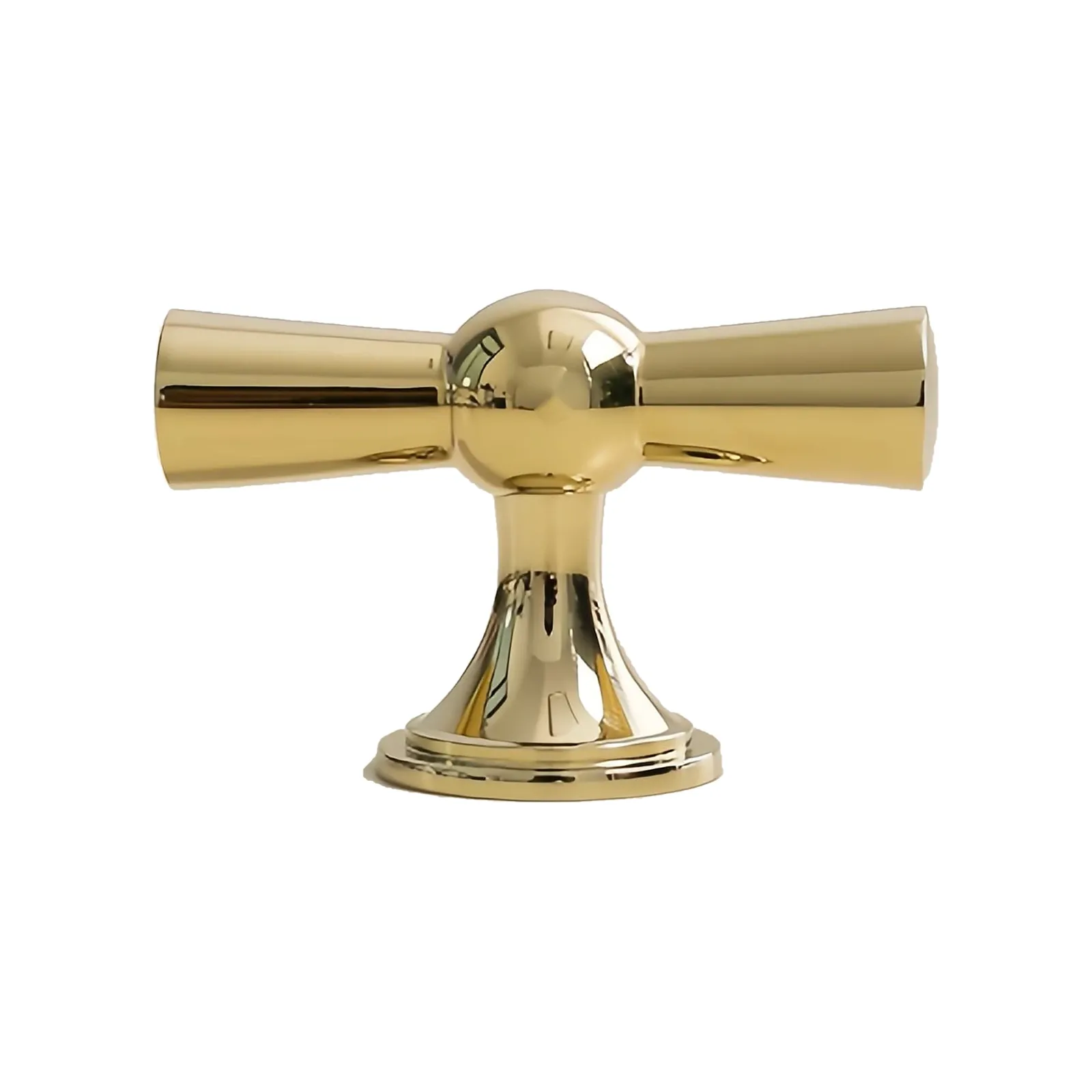 Gold two-ear T-knob centring one polished ball between two funnel-shaped ears on a vase foot.