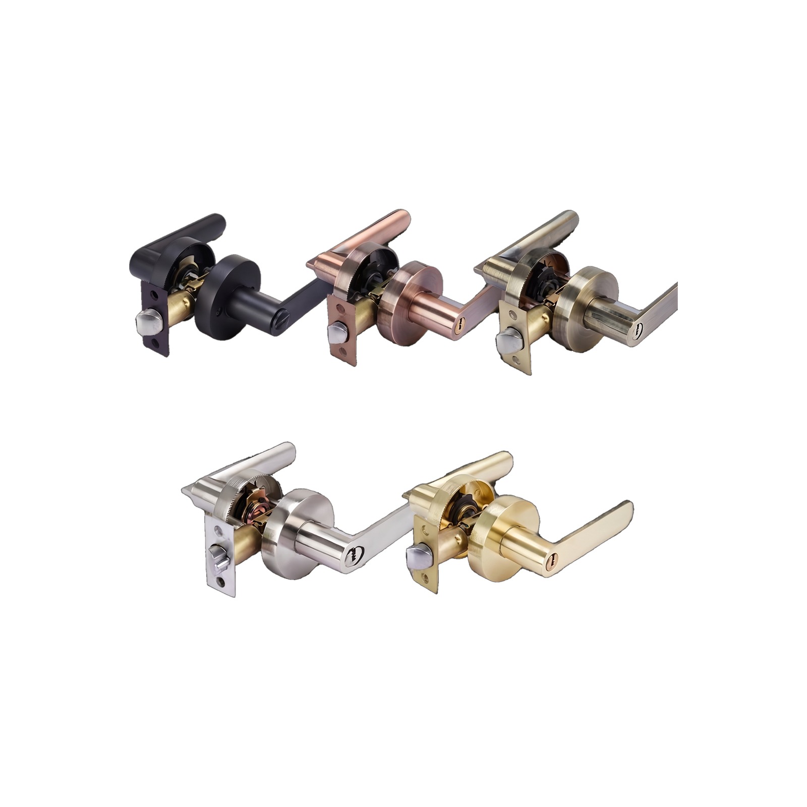 Five flat-lever door locks in black, copper, bronze, nickel and gold finishes arranged in two rows