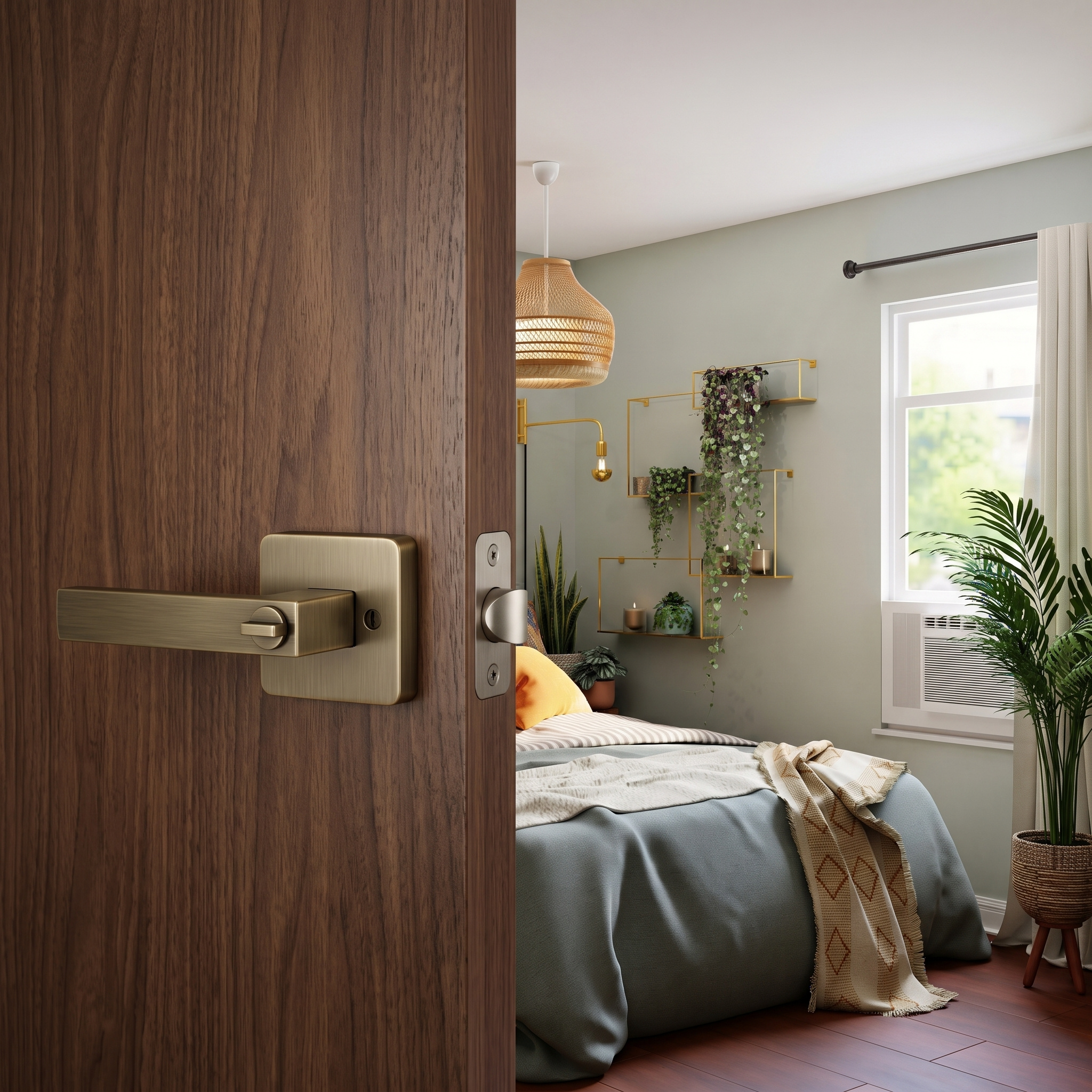 Square-rose keyed door handle lock fitted to an open walnut door, with a bedroom visible beyond