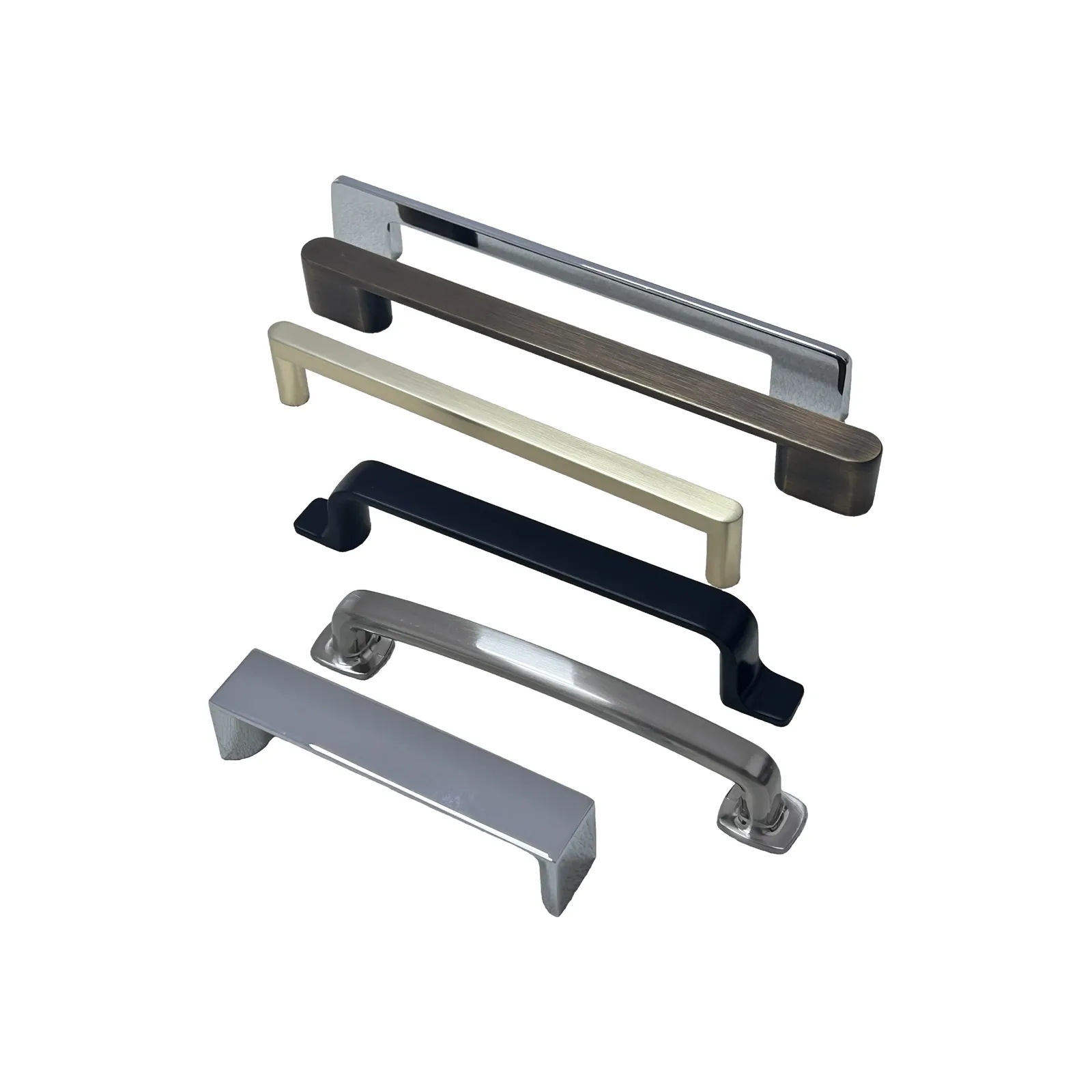 Six zinc alloy cabinet handle profiles on a white background.