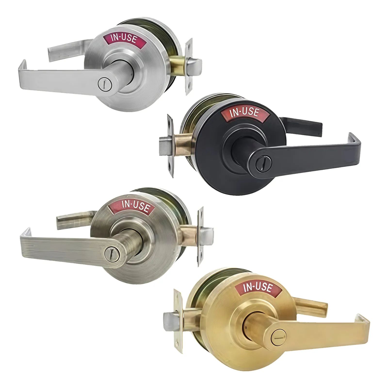 Angled view of four zinc alloy lever door locks in Brush Nickel, Matt Black, and Brush Gold finishes, each showing an IN-USE status window on its rose plate