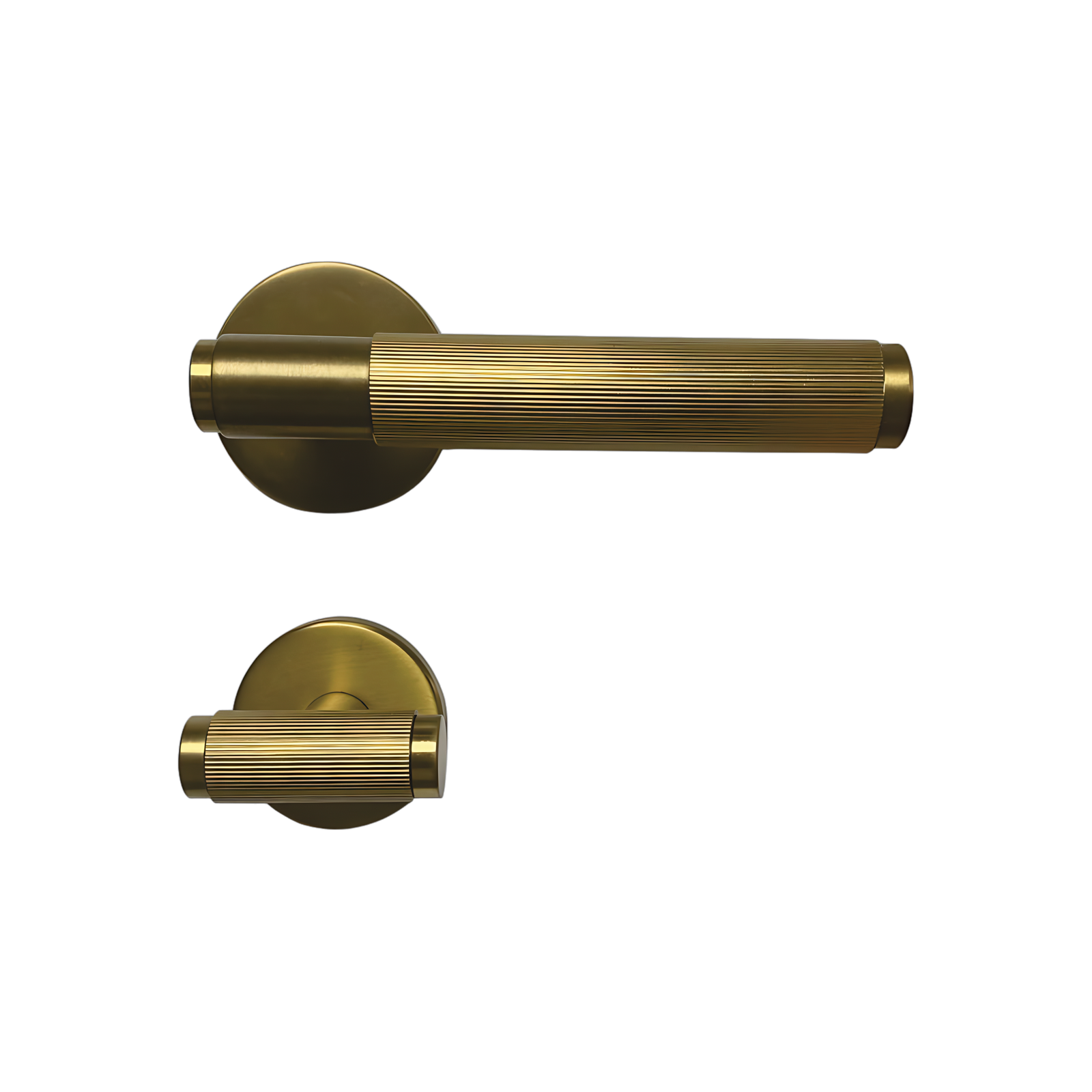 Gold fluted brass lever door handle shown with its matching fluted turn piece on round roses, with a smooth collar band and straight longitudinal flutes