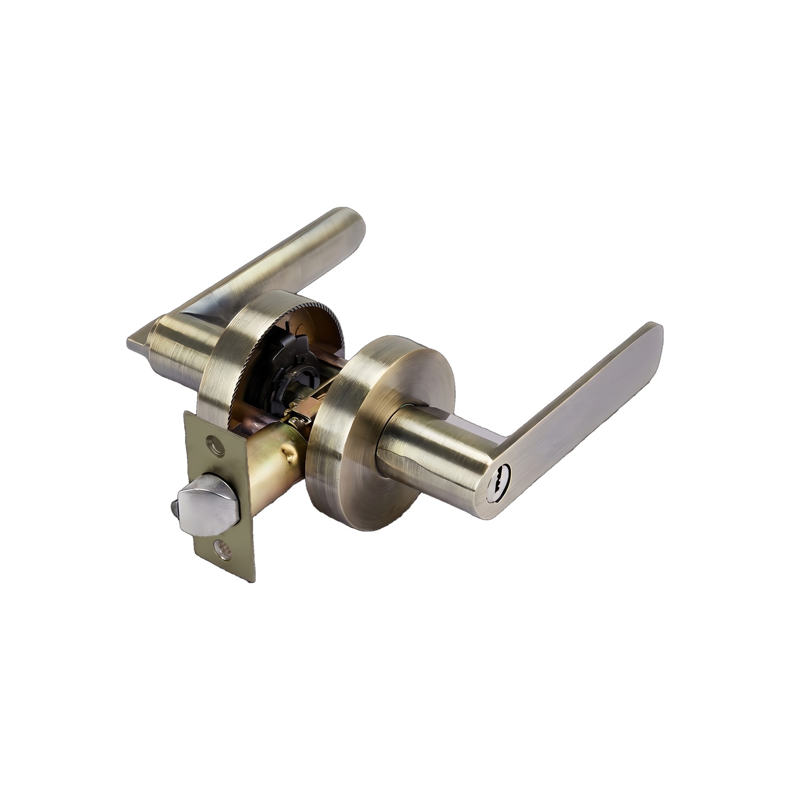 Angled view of a brushed bronze flat-lever door lock set with lever, round rose and strike plate