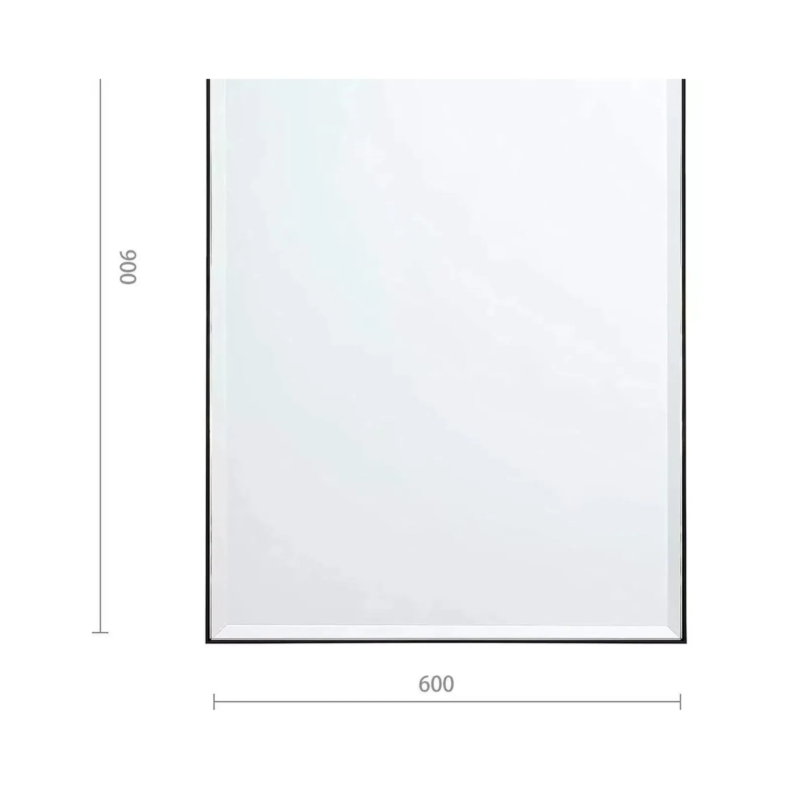 Dimension drawing marking 900 mm height and 600 mm width on a rectangular mirror
