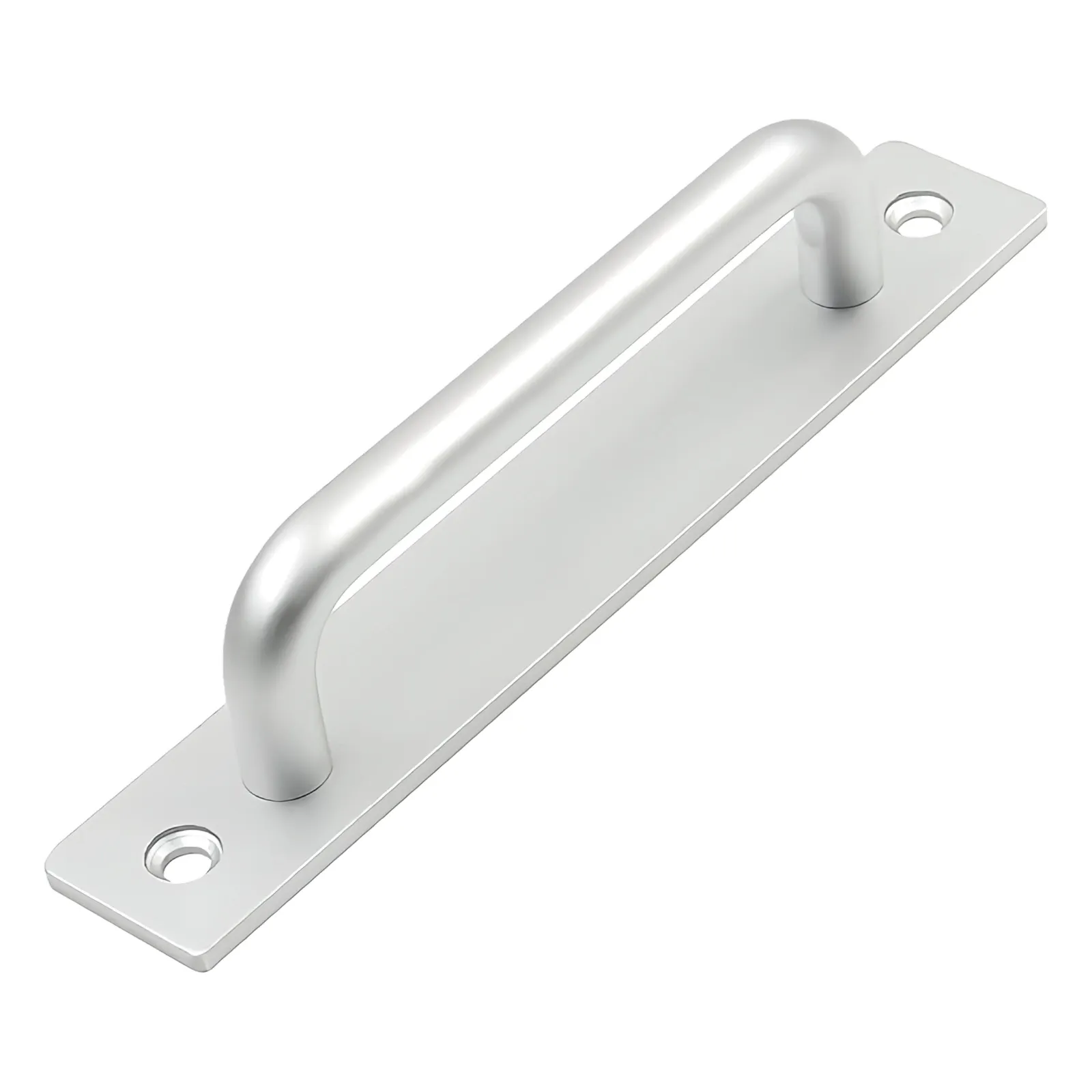 Angled view of a brushed silver stainless steel plate door pull with a U-bar grip, on a white background