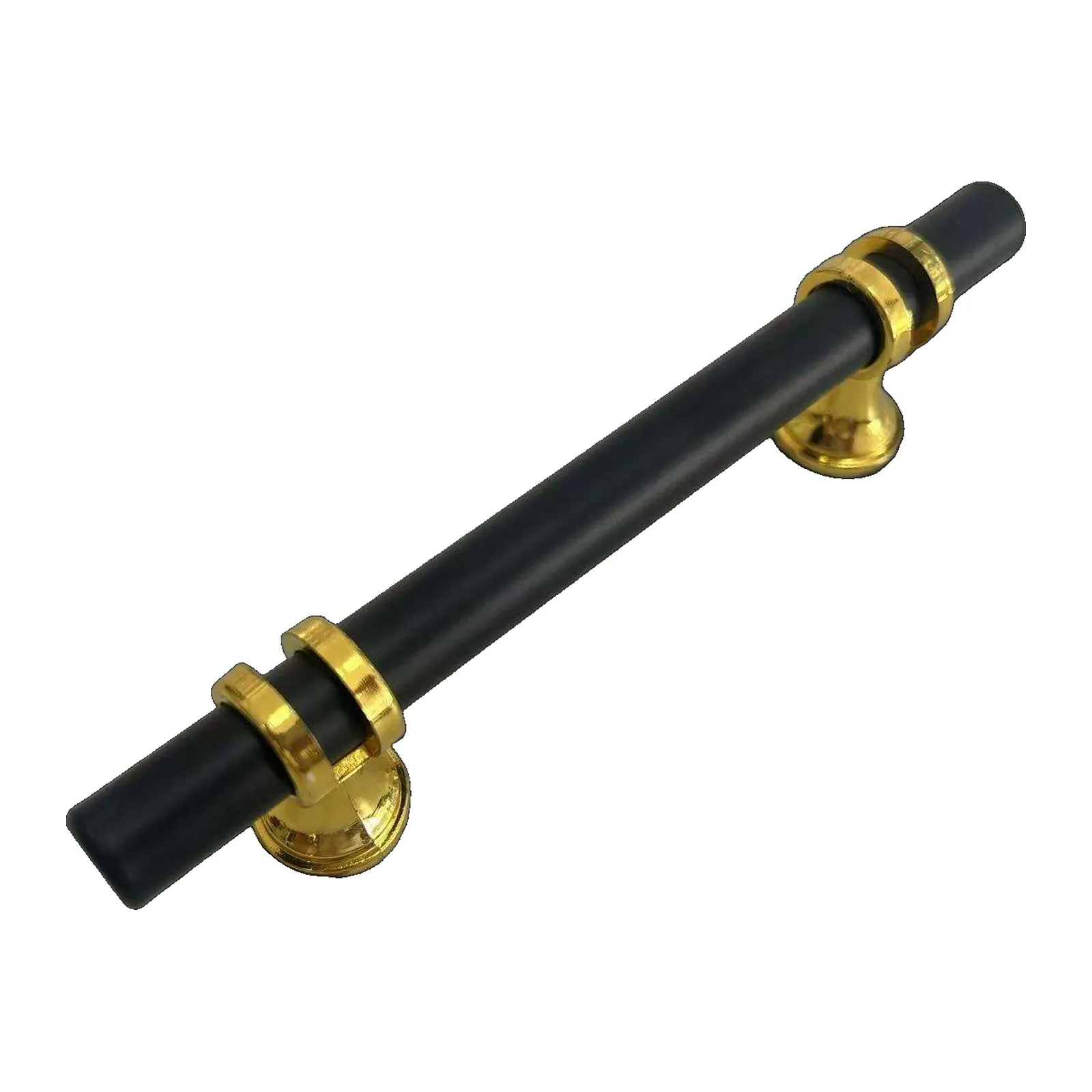 Angled view of a matt black bar pull with paired brass gold collar rings on gold trumpet posts, on a white background