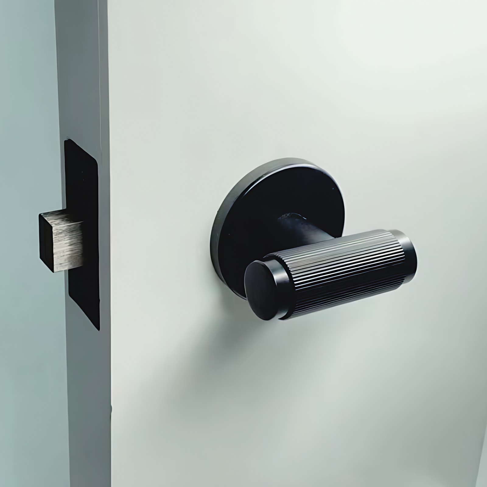 Close view of a matt black fluted lever door handle on a white door, with the latch bolt visible along the door edge