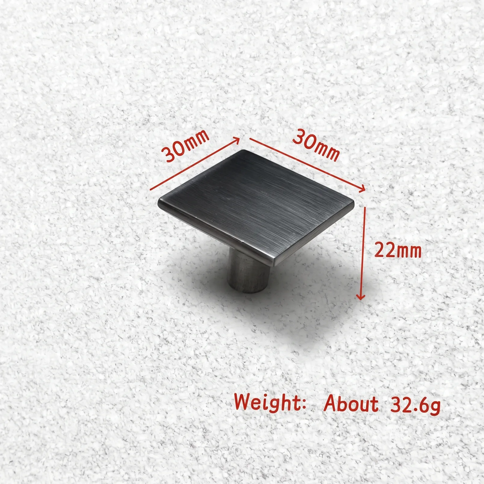 Dimension view of the square flat-plate cabinet knob annotating the 30 mm plate, 22 mm height and 32.6 g weight.