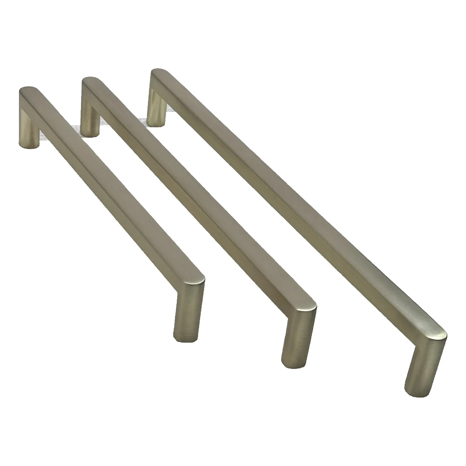 Angled view of three satin brass square bar cabinet pulls aligned diagonally on a white background