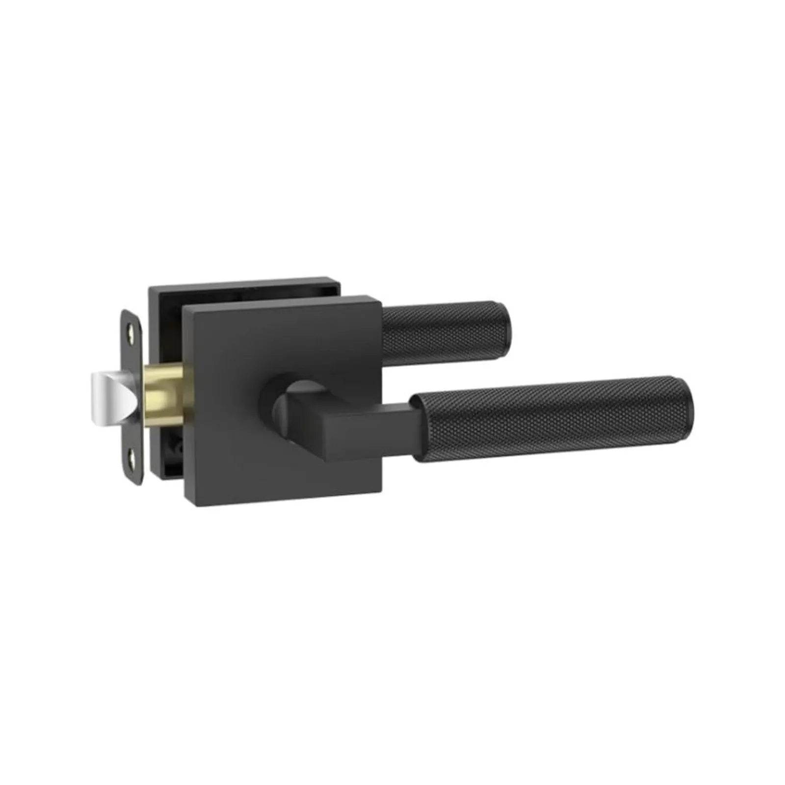 Matt Black privacy door handle lock set with square rose plate, knurled cylindrical lever grip, latch bolt and strike plate