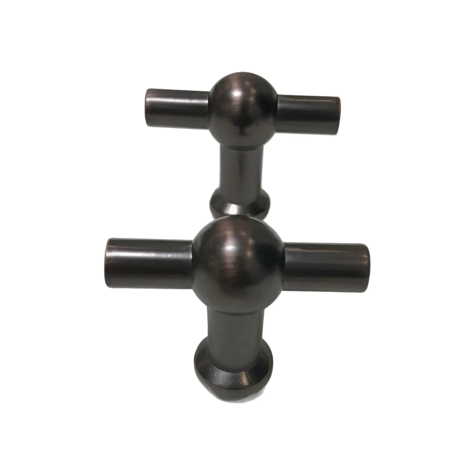Angled view of a pair of oil-rubbed bronze T-shaped cabinet knobs with spherical heads and cylindrical crossbars, on a white background