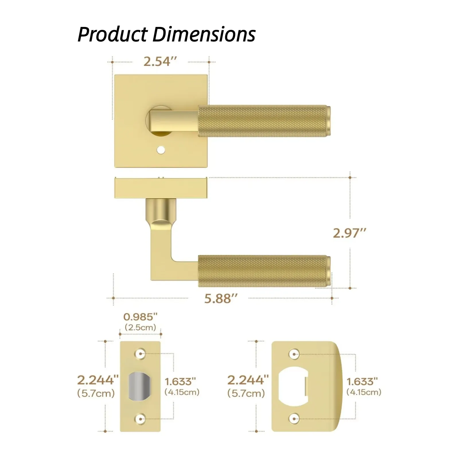 Annotated dimension drawing with rose width, lever projection, overall length and latch face plate figures