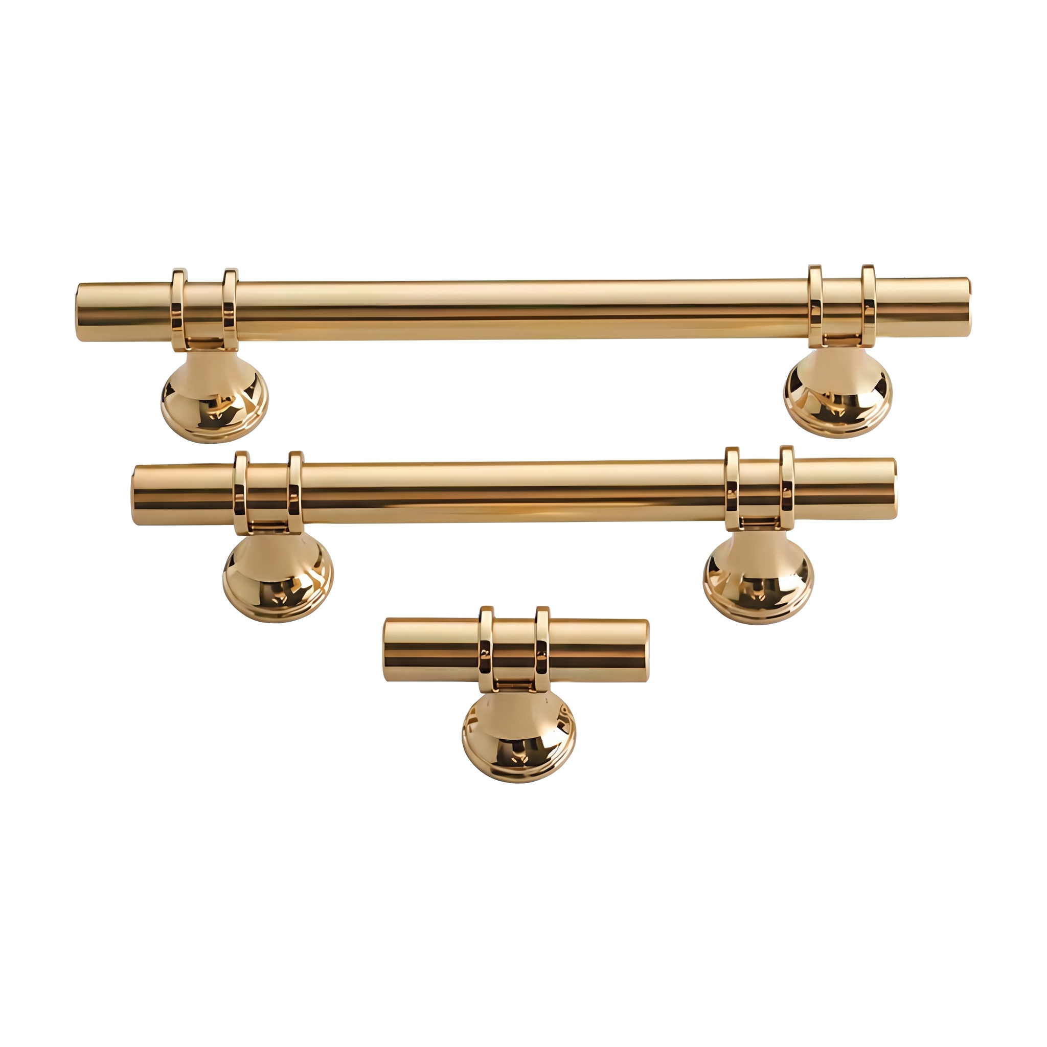 Two gold-tone bar pulls with paired collar rings and trumpet posts beside a matching cylindrical knob, arranged in a row on a white background