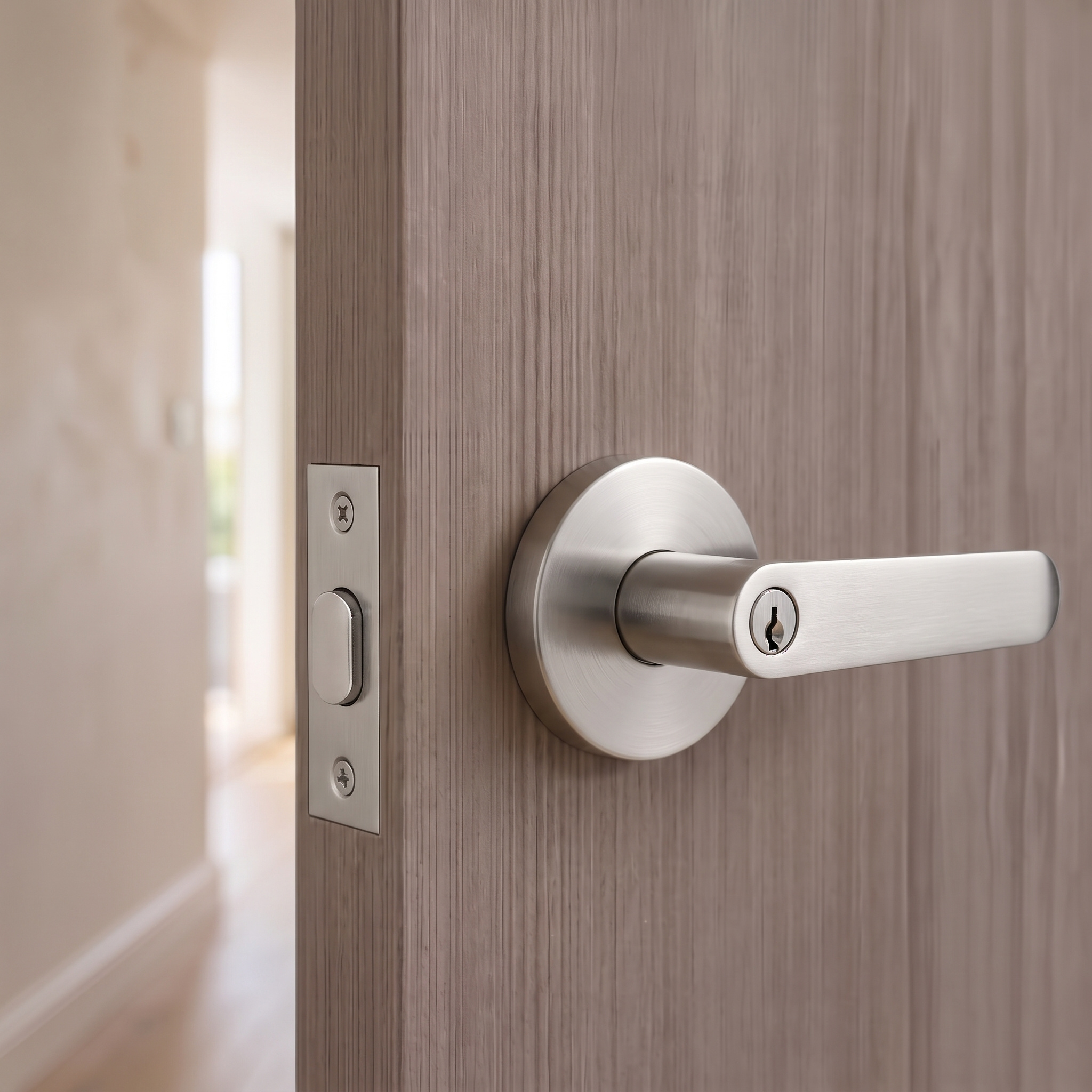 Brushed nickel flat-lever door lock with keyed lever fitted to a wood-grain interior door, hallway beyond