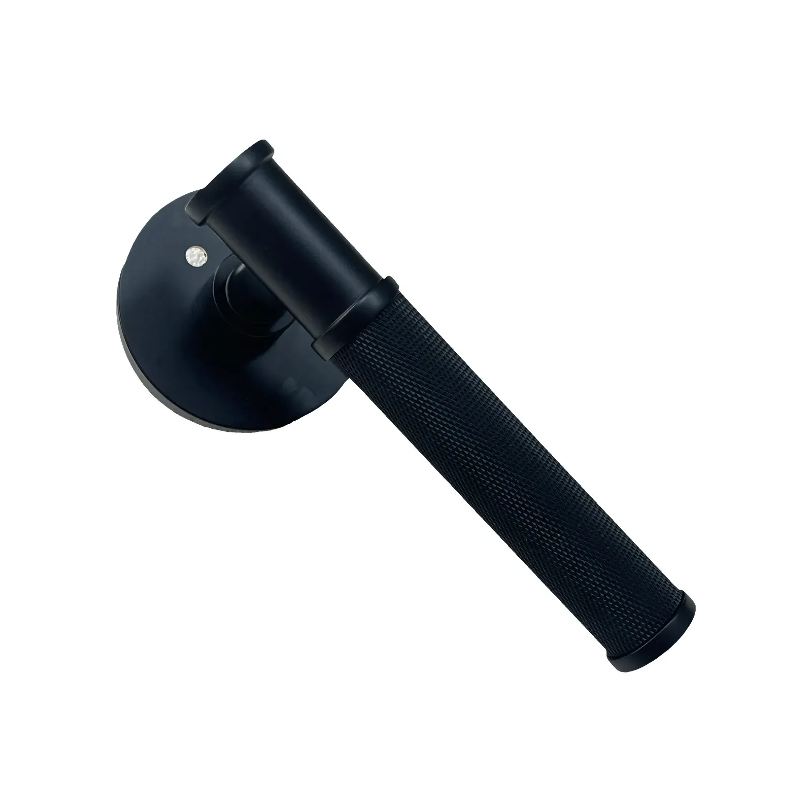 Angled view of the matte black knurled lever door handle with its round rose plate and diamond crosshatch grip