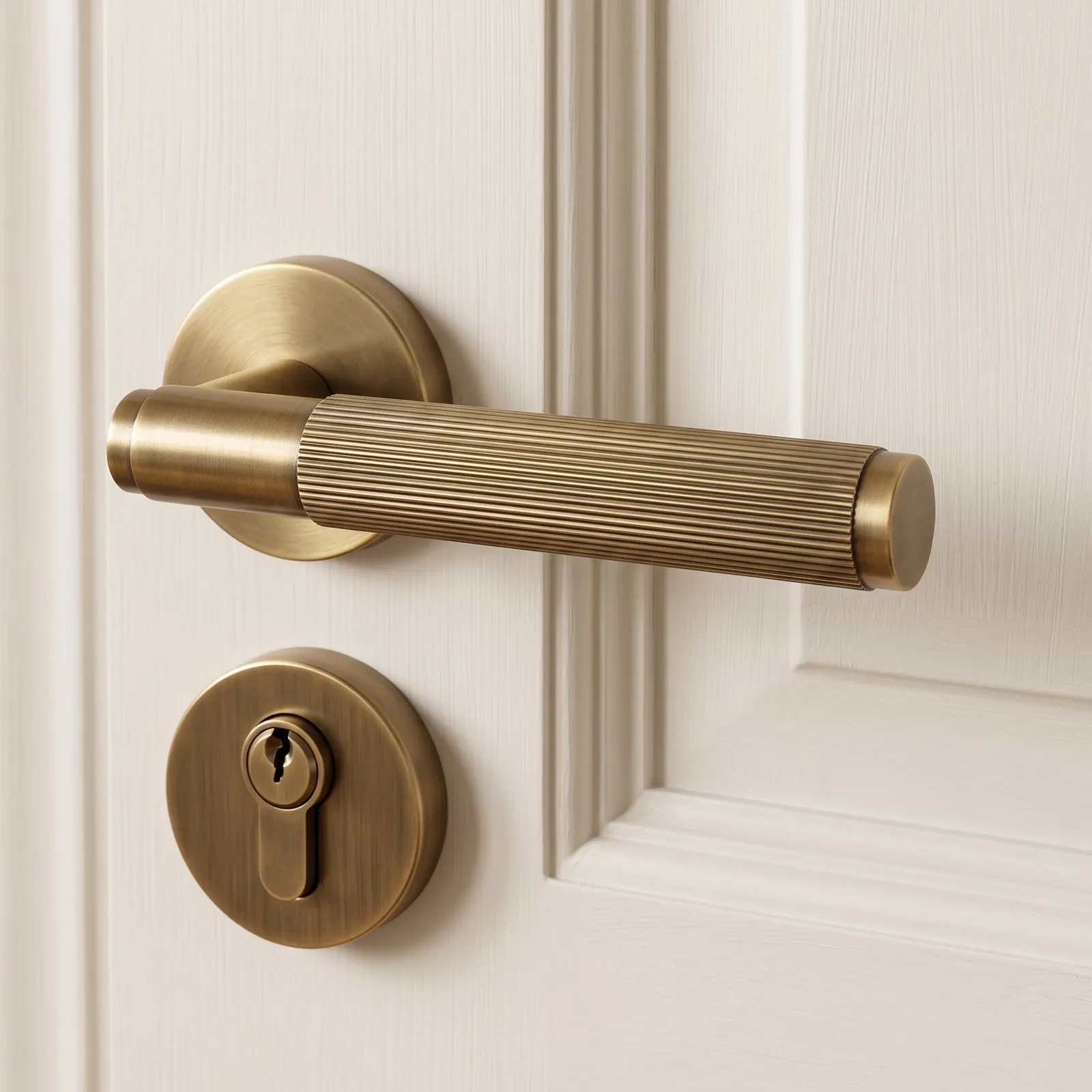 Gold fluted brass lever door handle with smooth collar band and end cap mounted on a white paneled interior door.