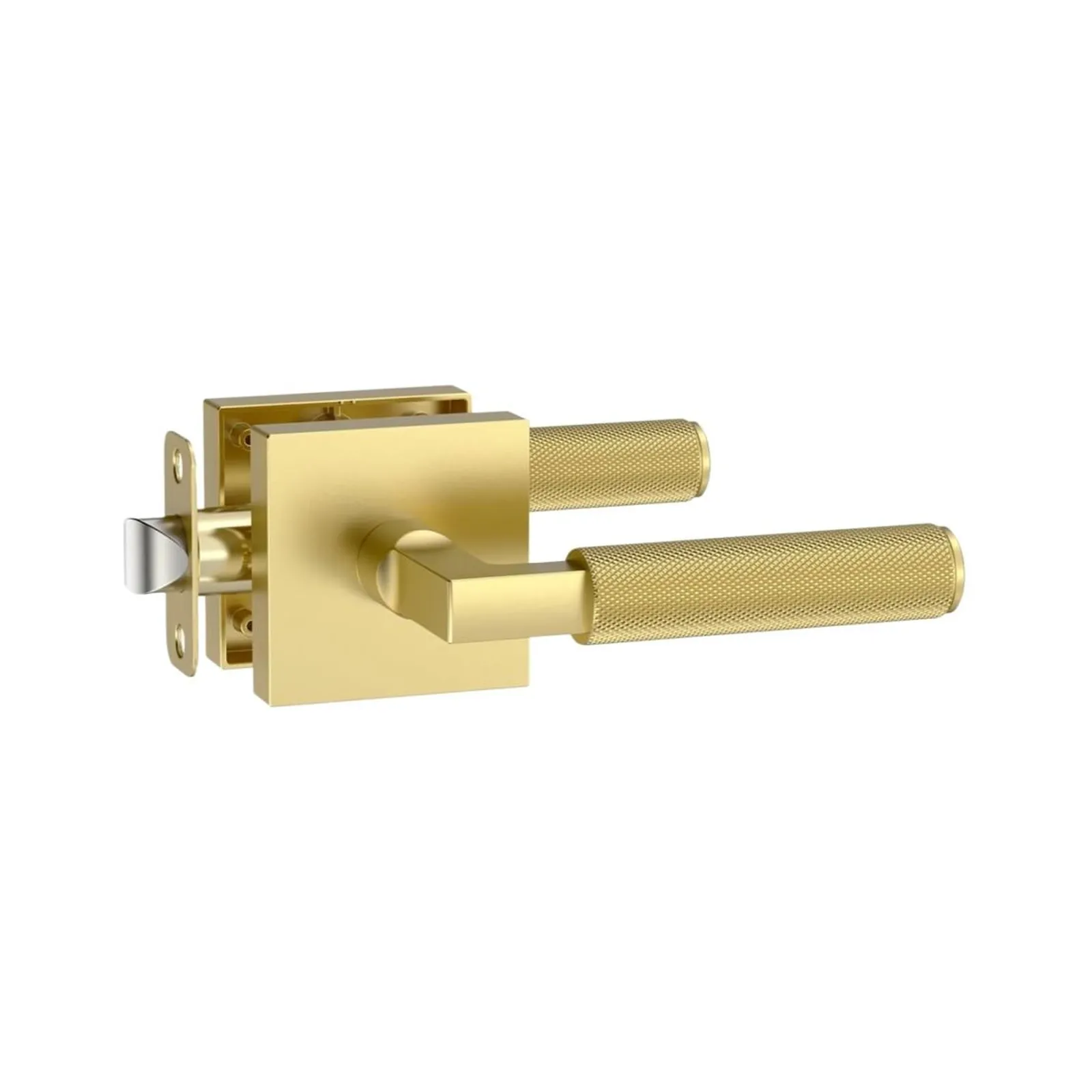 Brush Gold privacy door handle lock set showing square rose plate, knurled lever handle, matching latch and strike plate