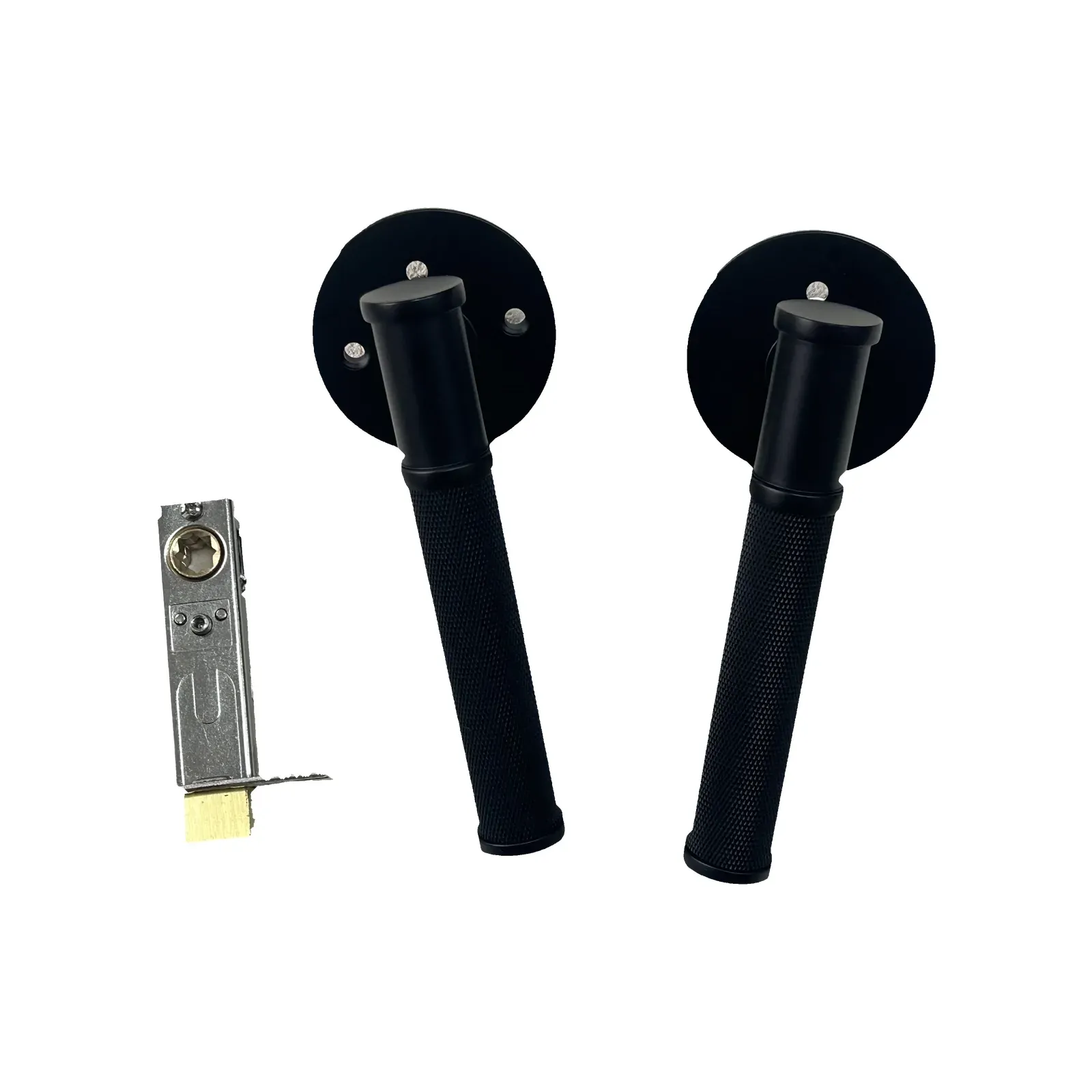 Matte black knurled lever door handles pictured with the tubular privacy latch supplied
