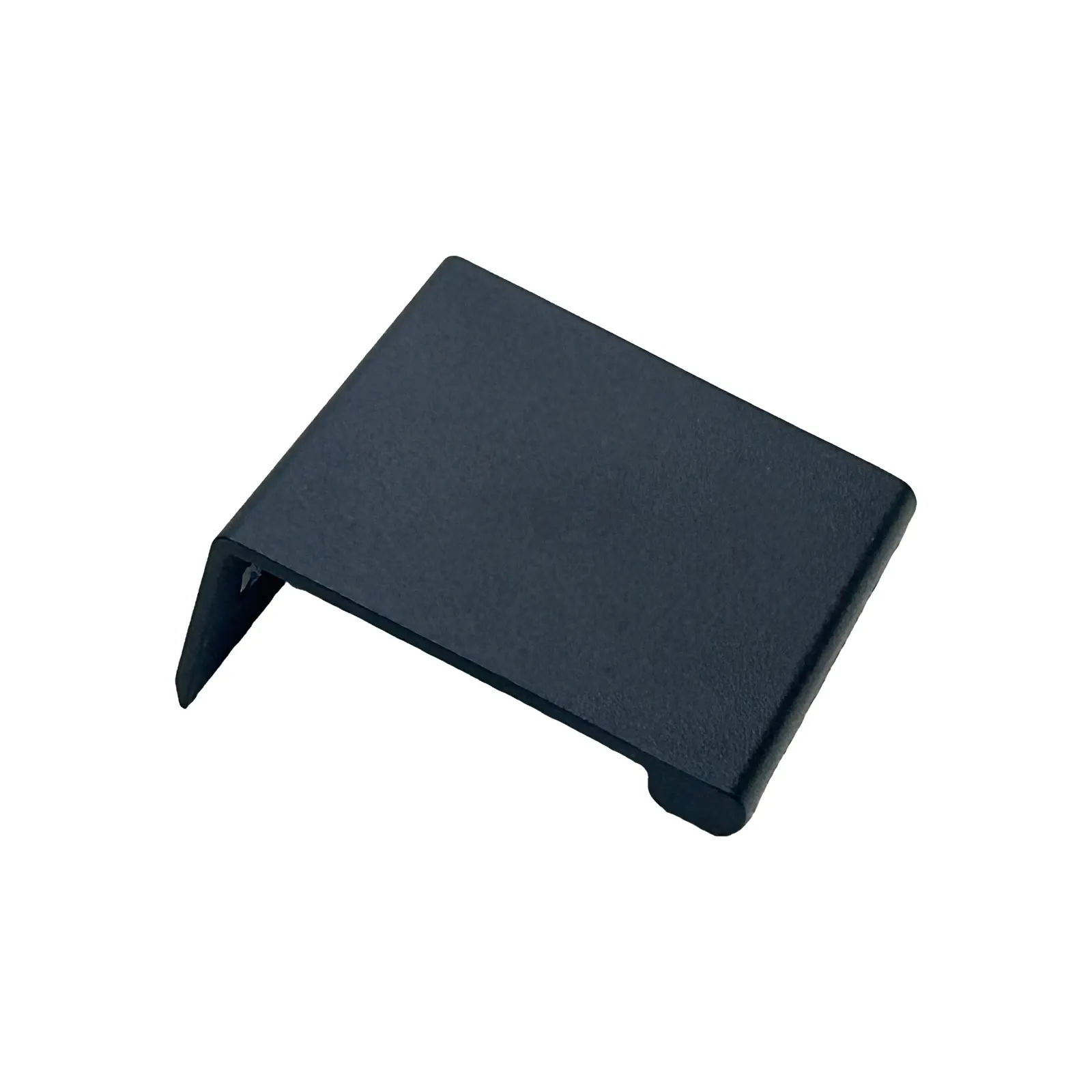Single matt black smooth-arc edge pull positioned at an angle on a white background.