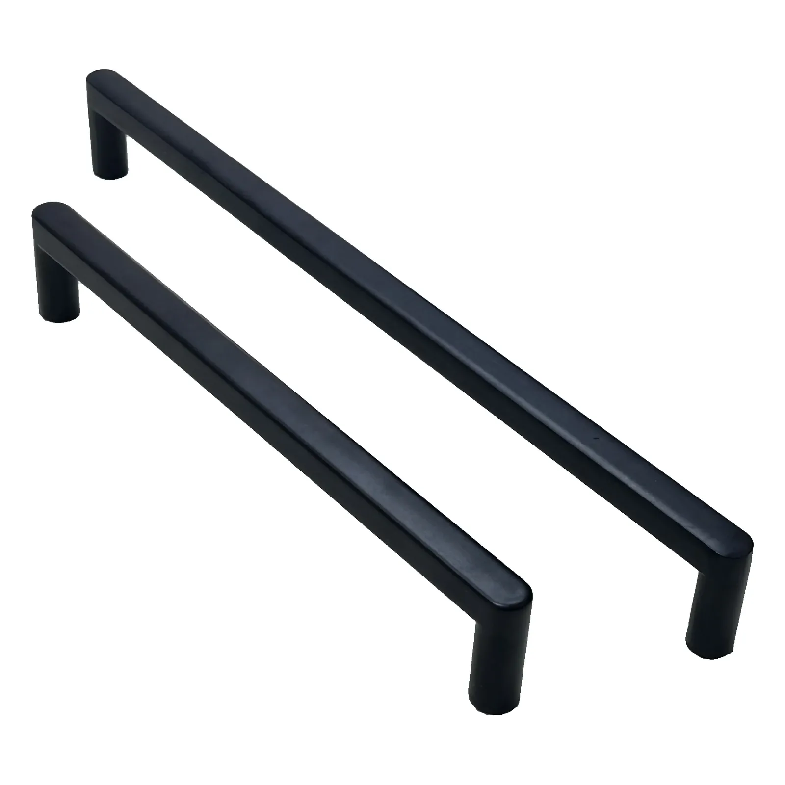 Angled view of two matte black square bar cabinet pulls showing square rails and cylindrical mounting posts on a white background