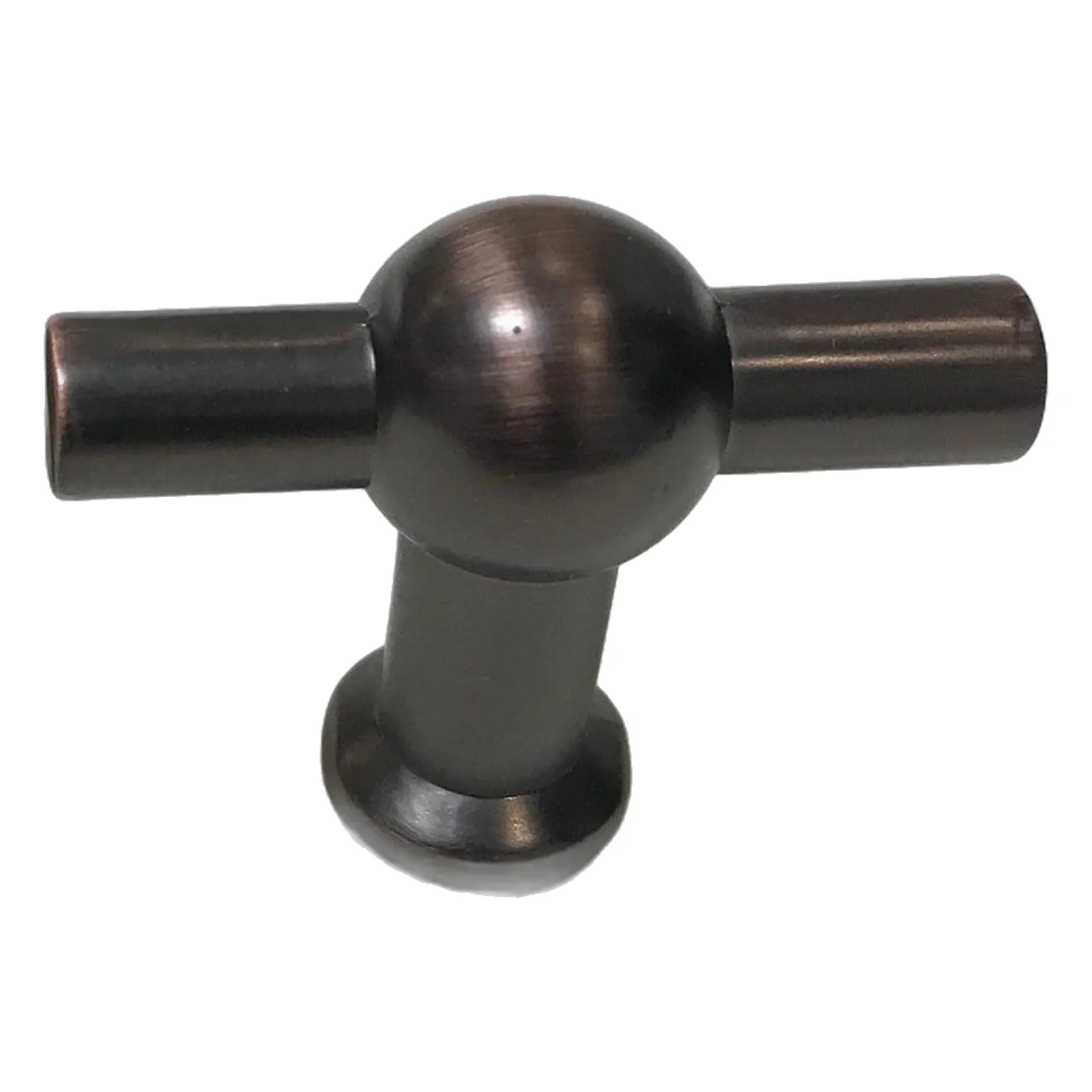 Close view of an oil-rubbed bronze T-shaped cabinet knob with a spherical head and straight crossbar, on a white background