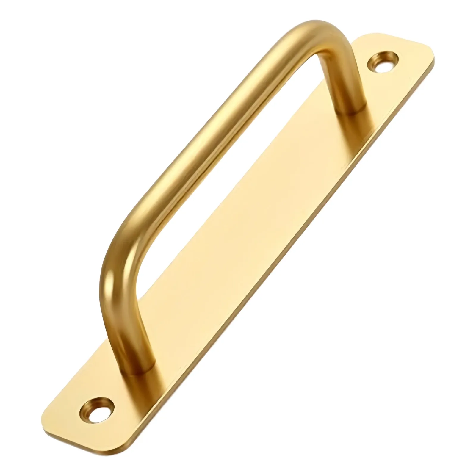 Angled view of a gold stainless steel plate door pull with a U-bar grip, on a white background