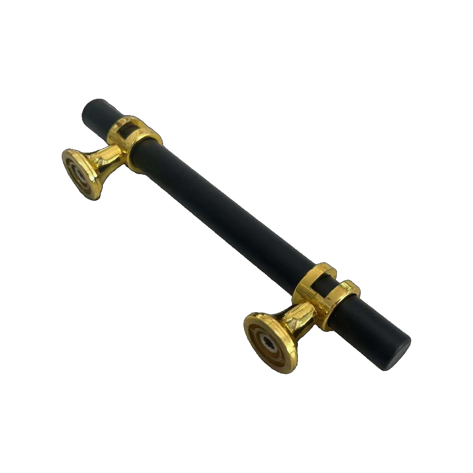 Angled view of a two-tone bar pull from the opposite end showing the trumpet post bases in gold, on a white background