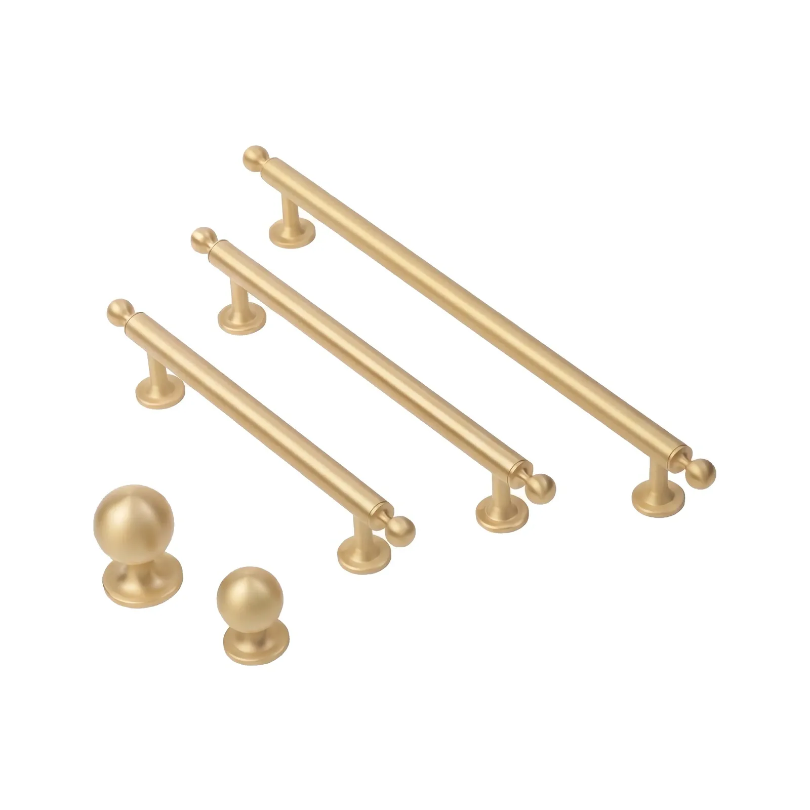 Brass bar pulls in graduated lengths with ball-form knobs arranged on a white background.
