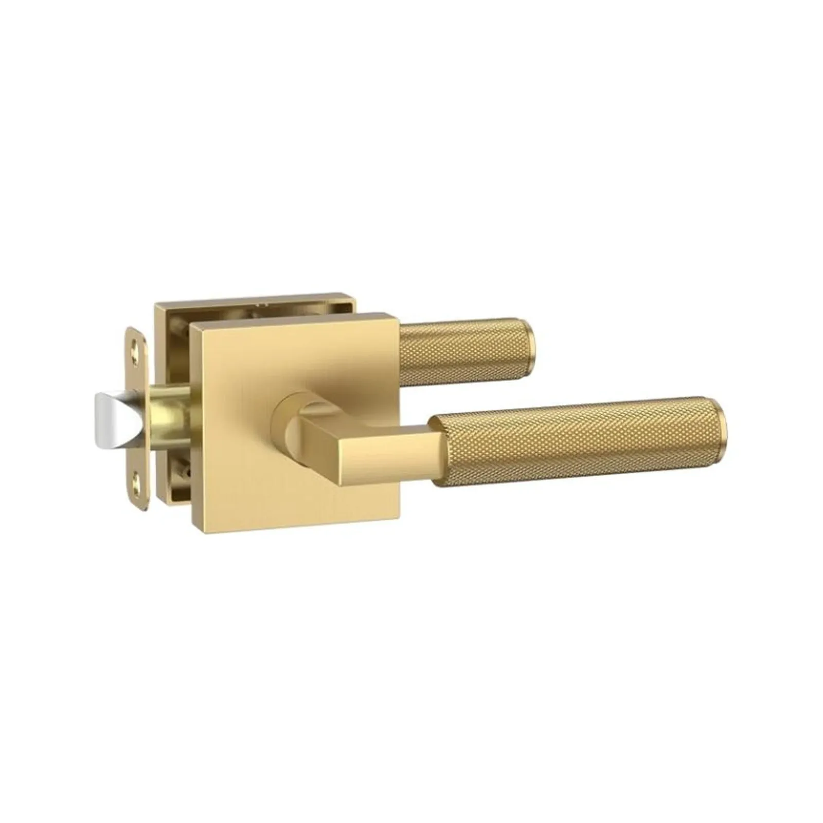 Champagne Gold privacy door handle lock set displaying square rose plate, knurled cylindrical lever, latch bolt and strike plate