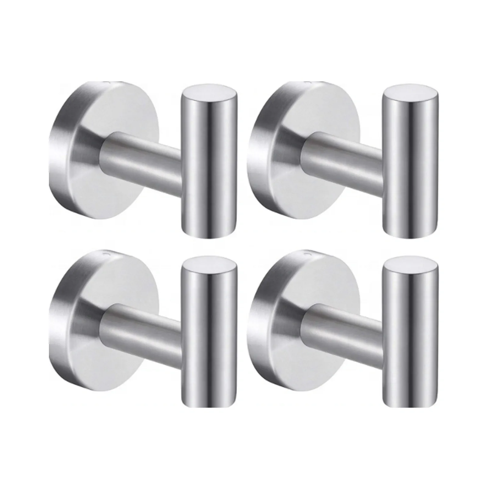 Angled view of four satin nickel wall hooks arranged in a group