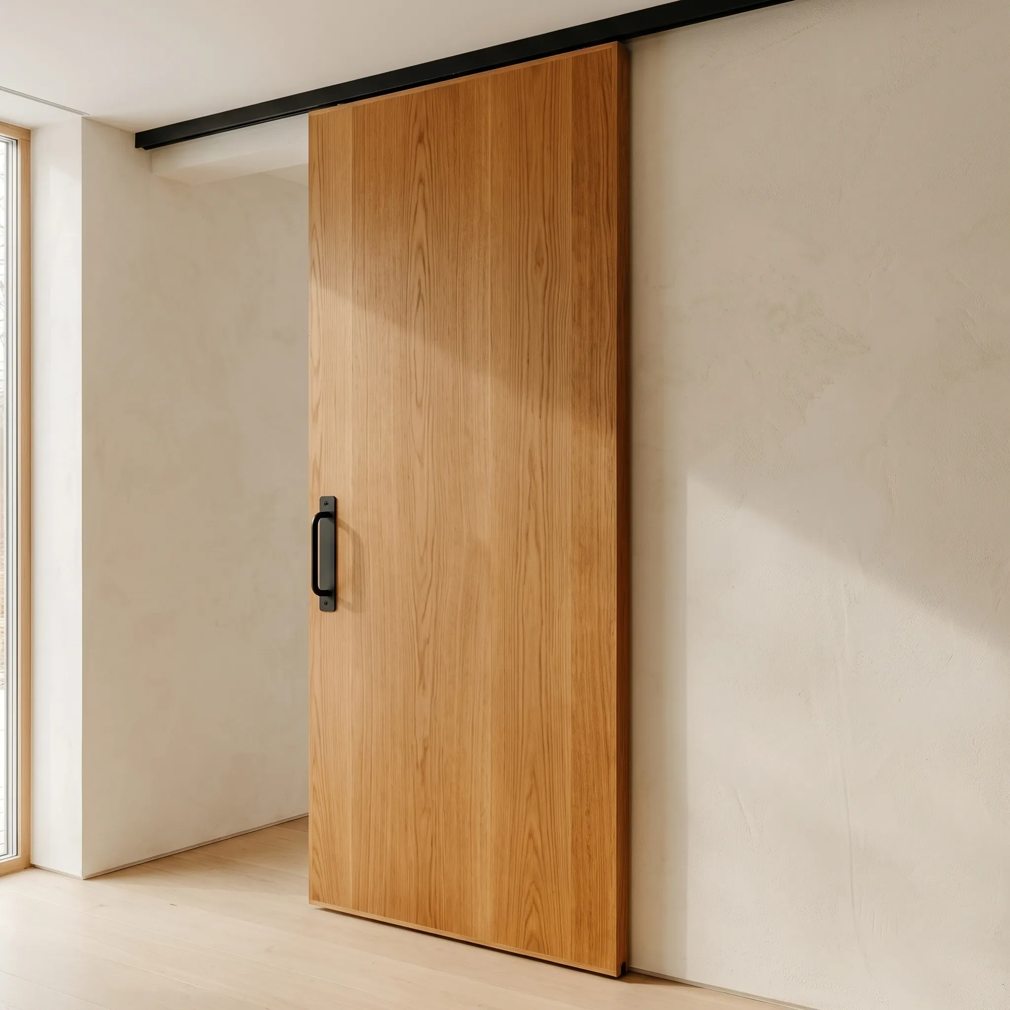 Light oak sliding door running on a black top track, with the matt black plate pull and its U-shaped bar mounted near the leading edge.