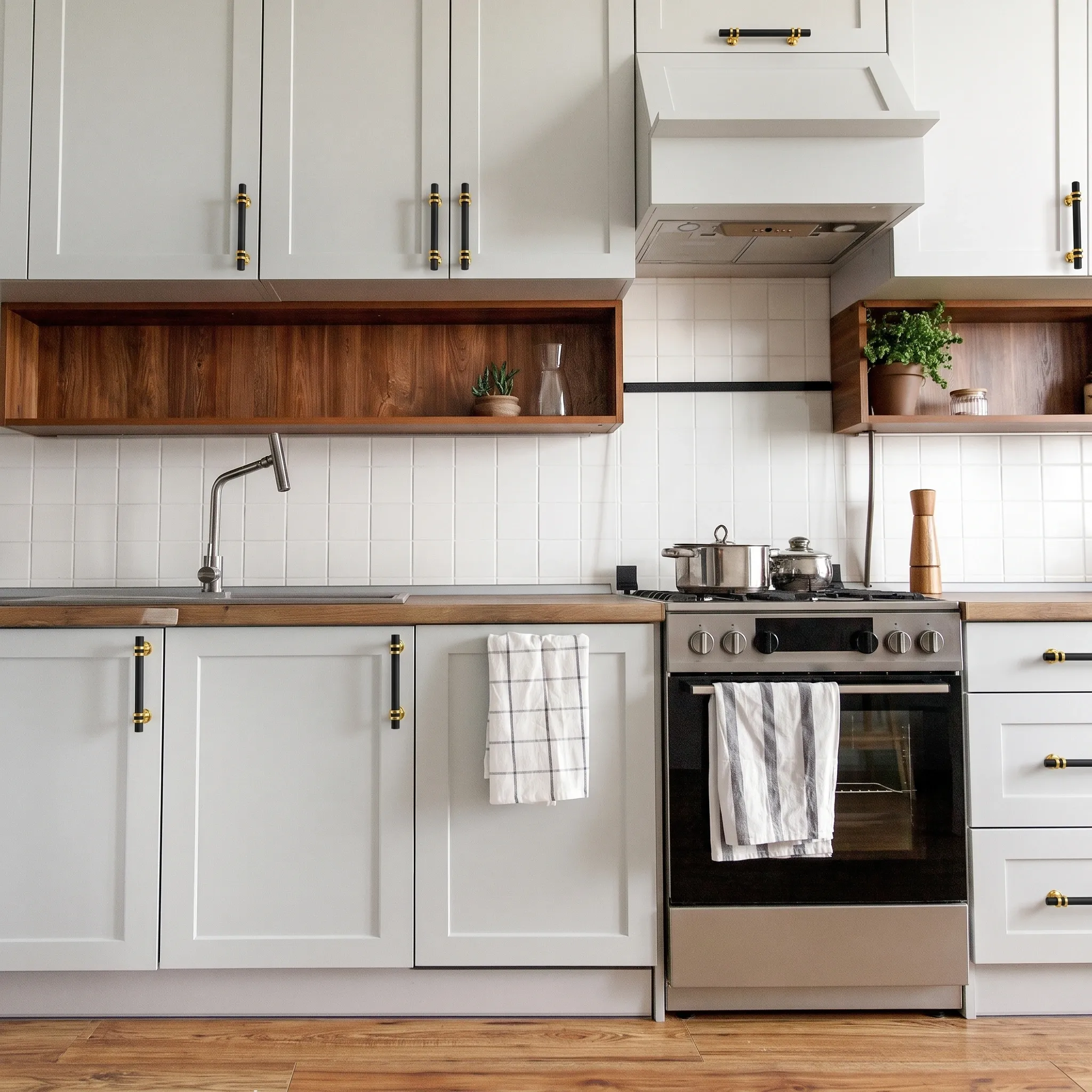 Kitchen scene with matt black bar pulls finished with brass gold collar rings and posts across light grey shaker cabinet doors and drawers.