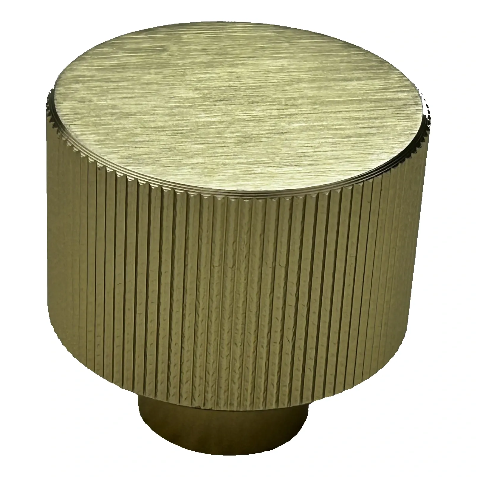 Close view of a single textured round aluminum cabinet knob in Champagne Gold on a white background