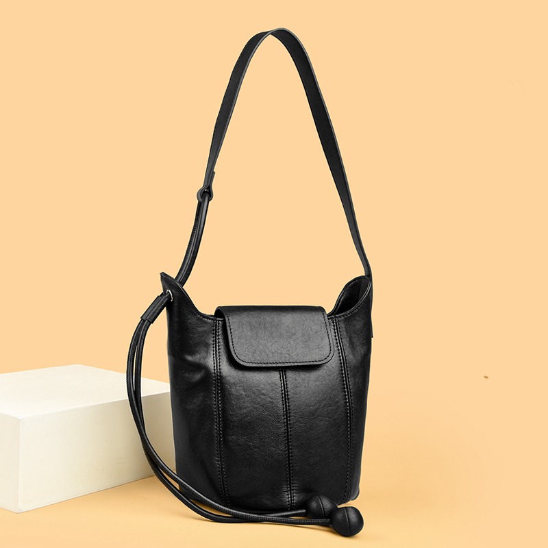 Custom Leather Bucket Crossbody Bag – Compact Shoulder Bag with Buckle Tab — custom leather bag manufacturing by Kaishi Bag Factory
