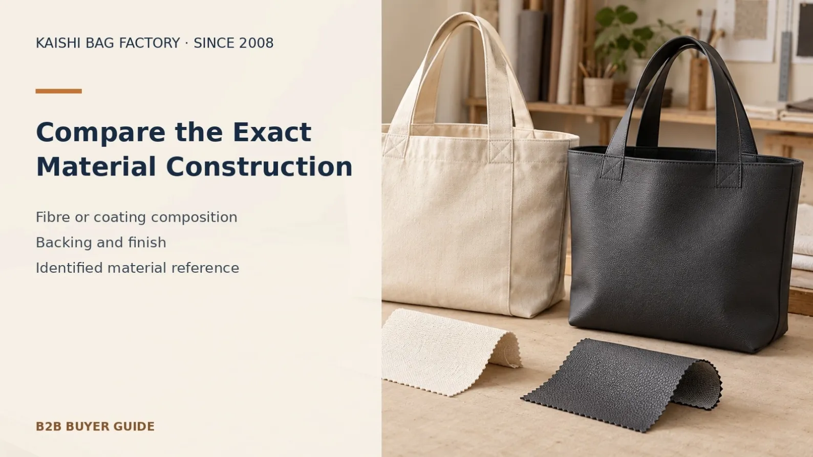 Illustrative cotton canvas and PU-coated textile totes with matching swatches for a buyer material specification comparison