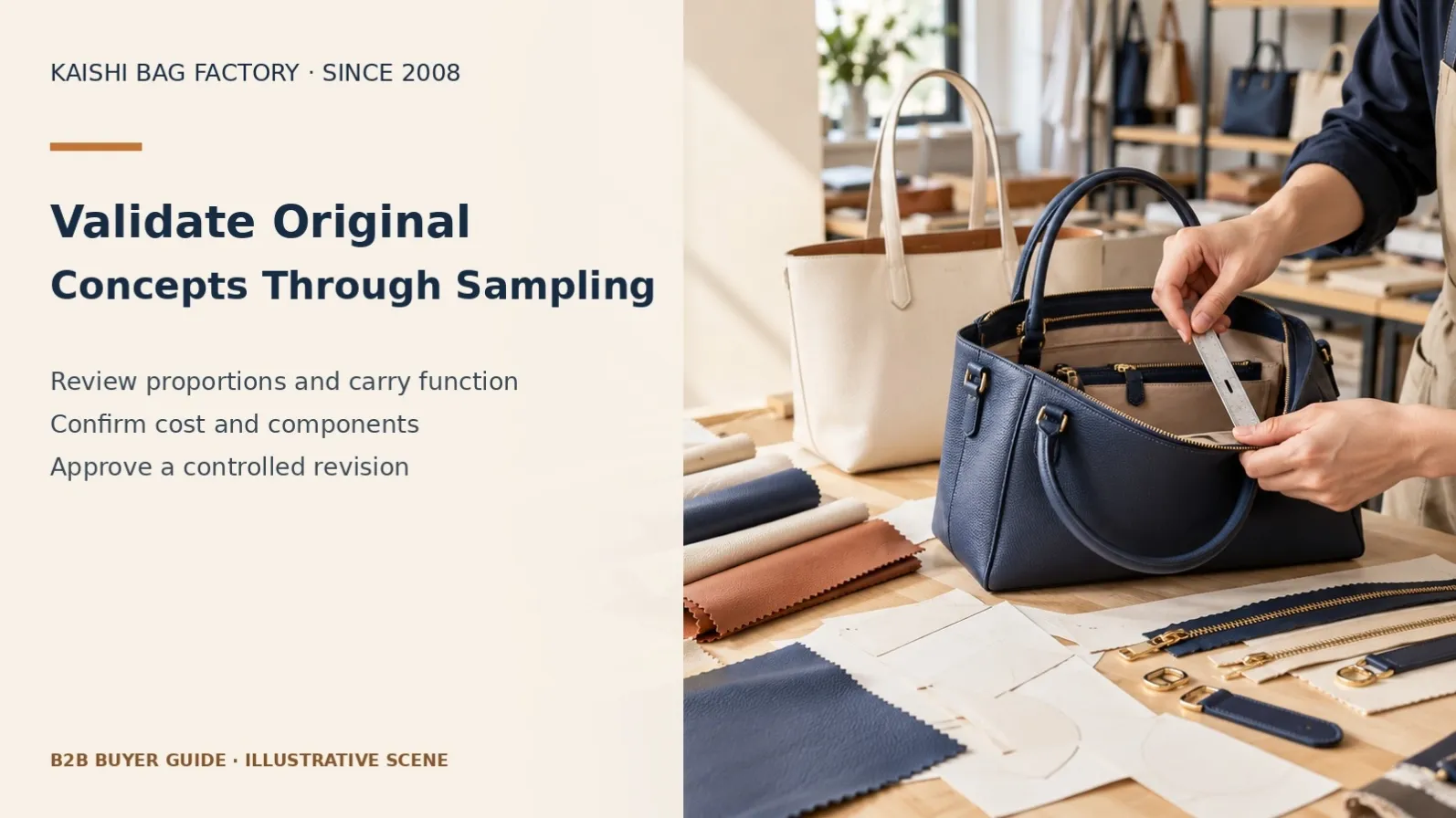 Illustrative handbag sample measurement for evaluating manufacturability.